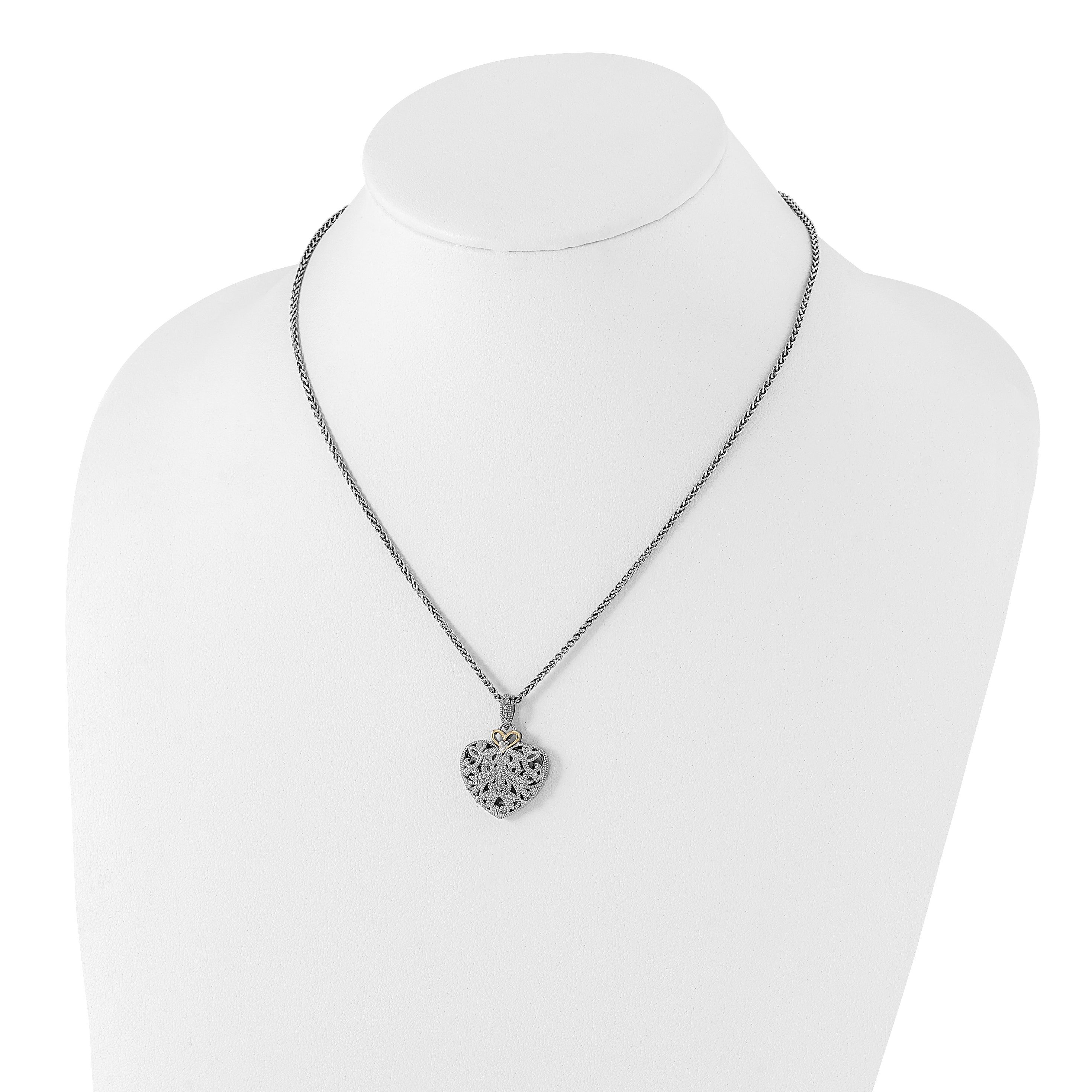 Shey Couture Sterling Silver Antiqued with 14K Accent 18 Inch Diamond Vintage Heart Necklace