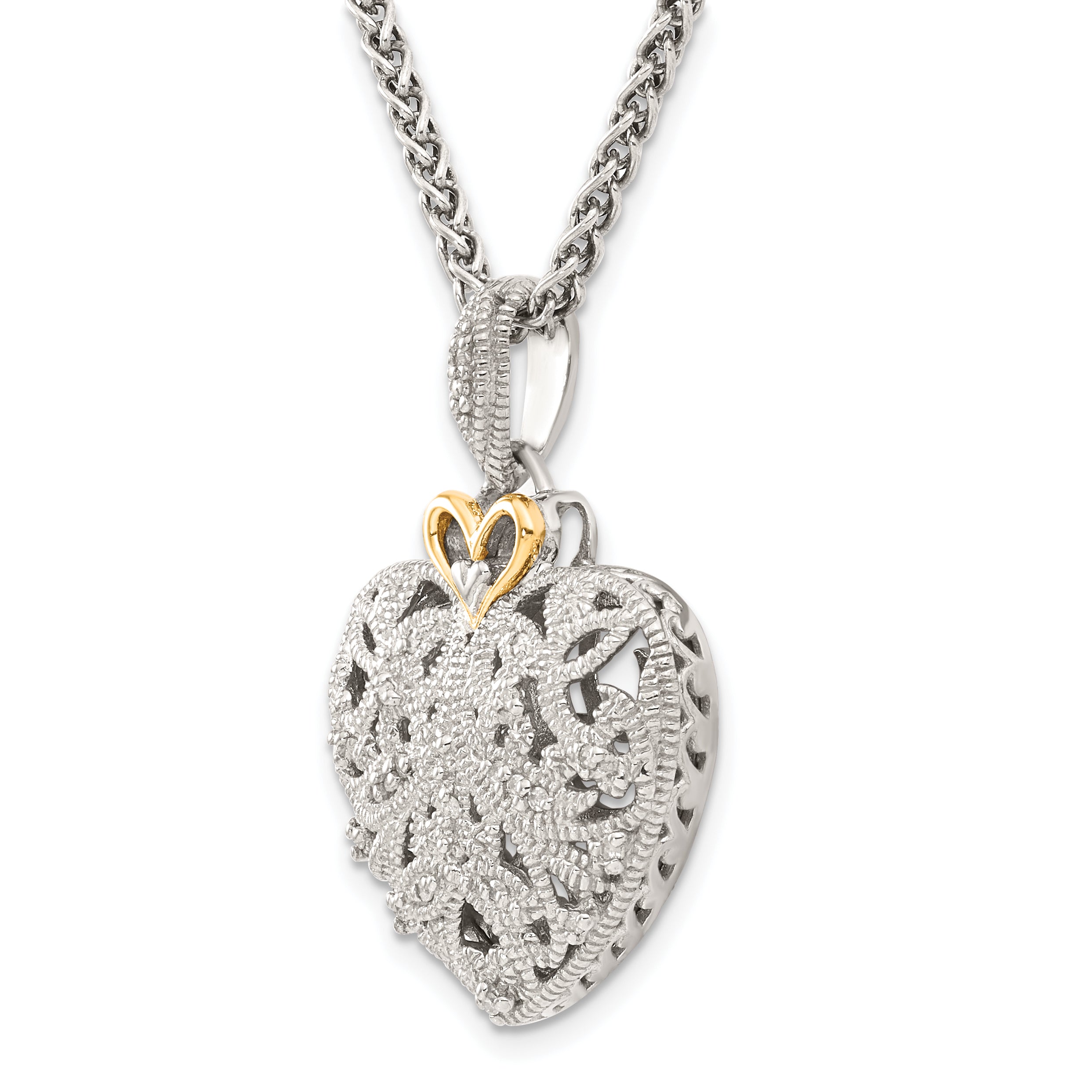 Shey Couture Sterling Silver Antiqued with 14K Accent 18 Inch Diamond Vintage Heart Necklace