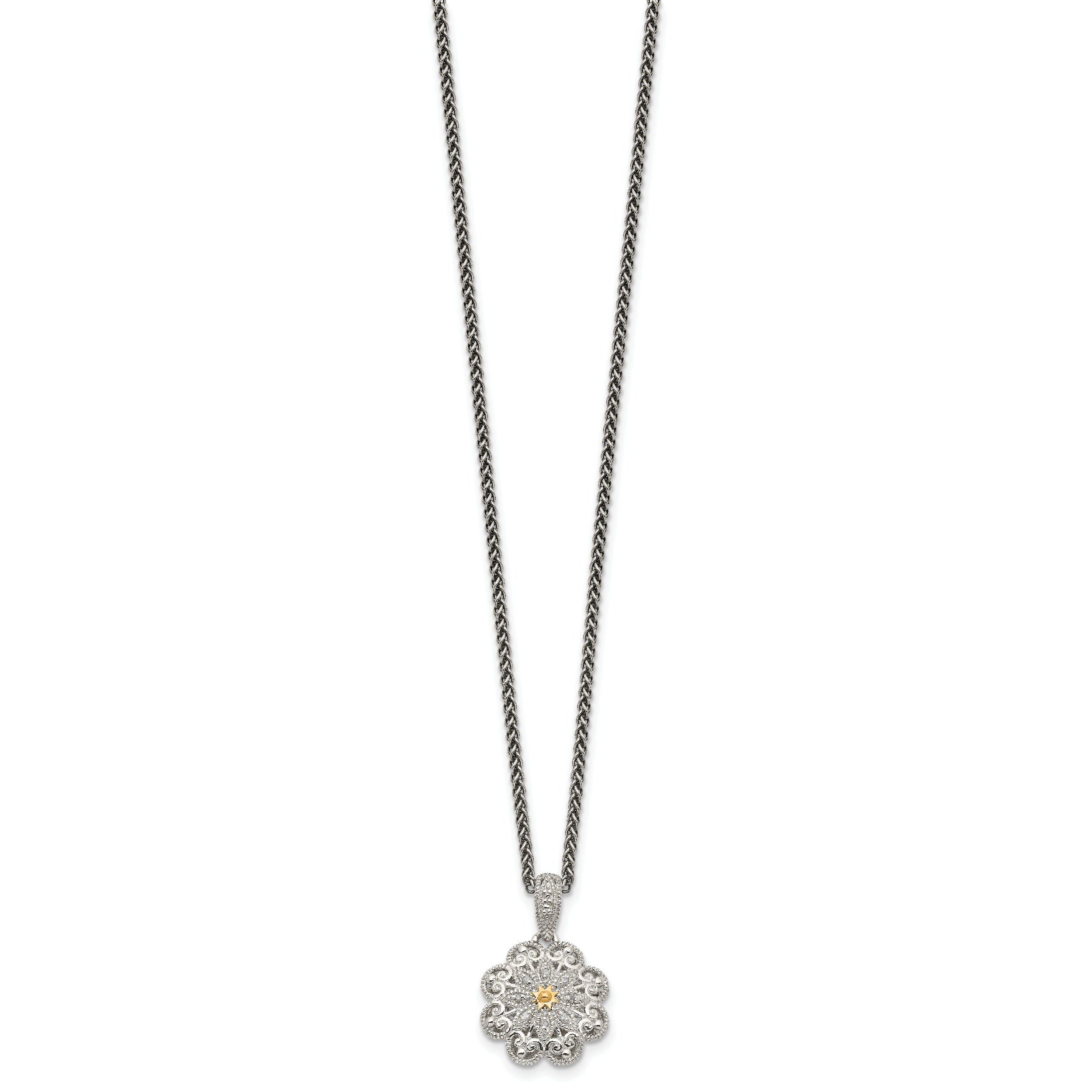 Shey Couture Sterling Silver Antiqued with 14K Accent 18 Inch Diamond Vintage Flower Necklace