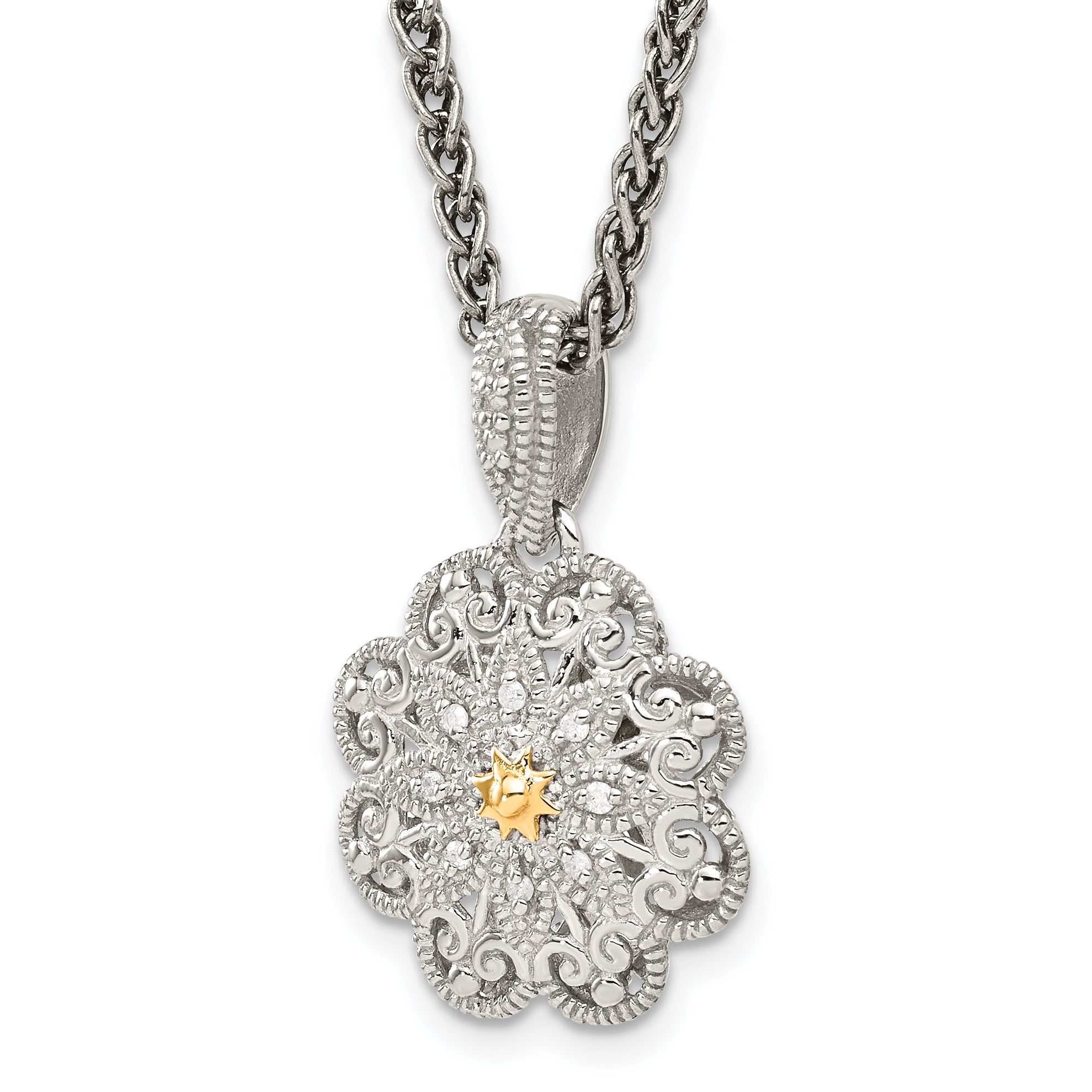 Shey Couture Sterling Silver Antiqued with 14K Accent 18 Inch Diamond Vintage Flower Necklace