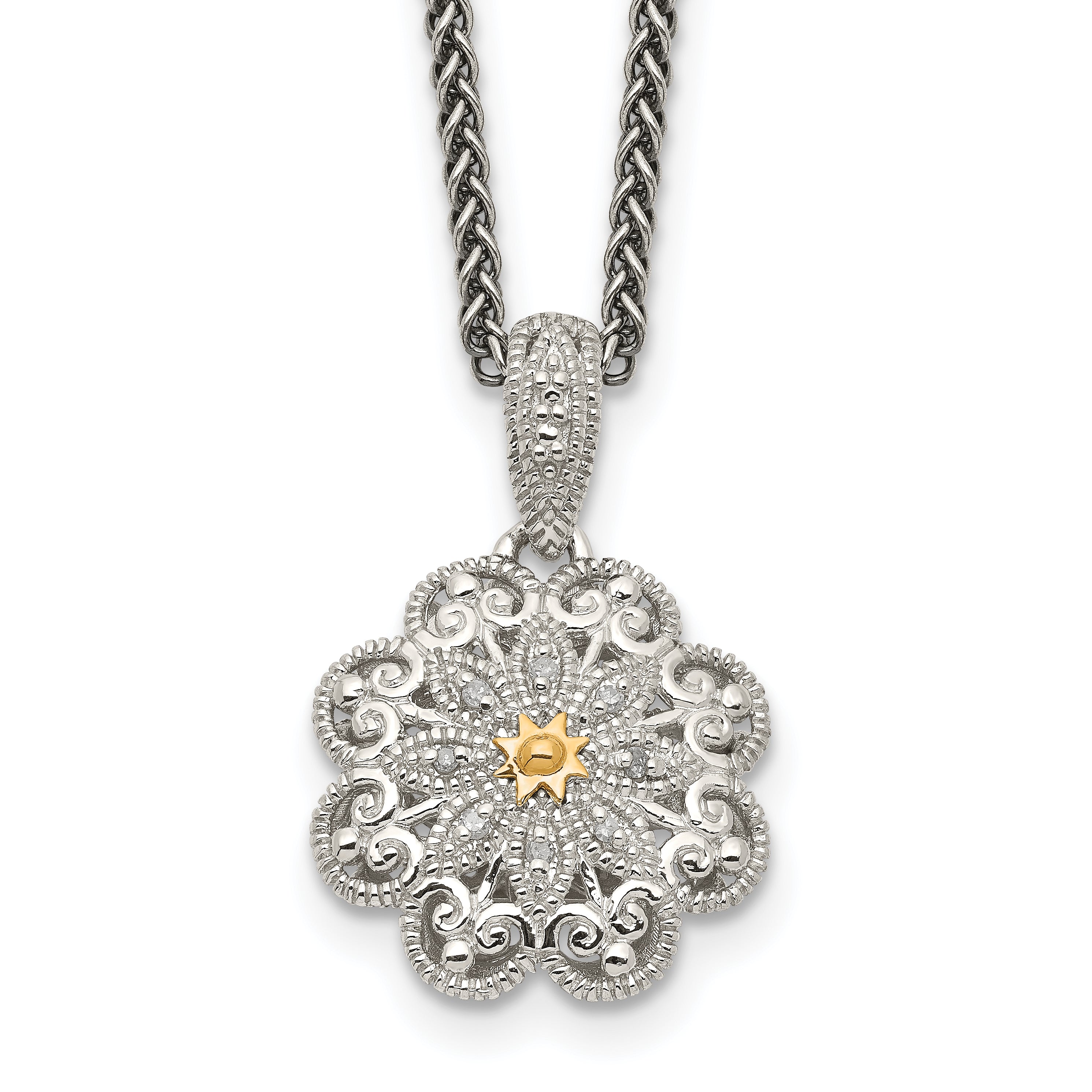 Shey Couture Sterling Silver Antiqued with 14K Accent 18 Inch Diamond Vintage Flower Necklace