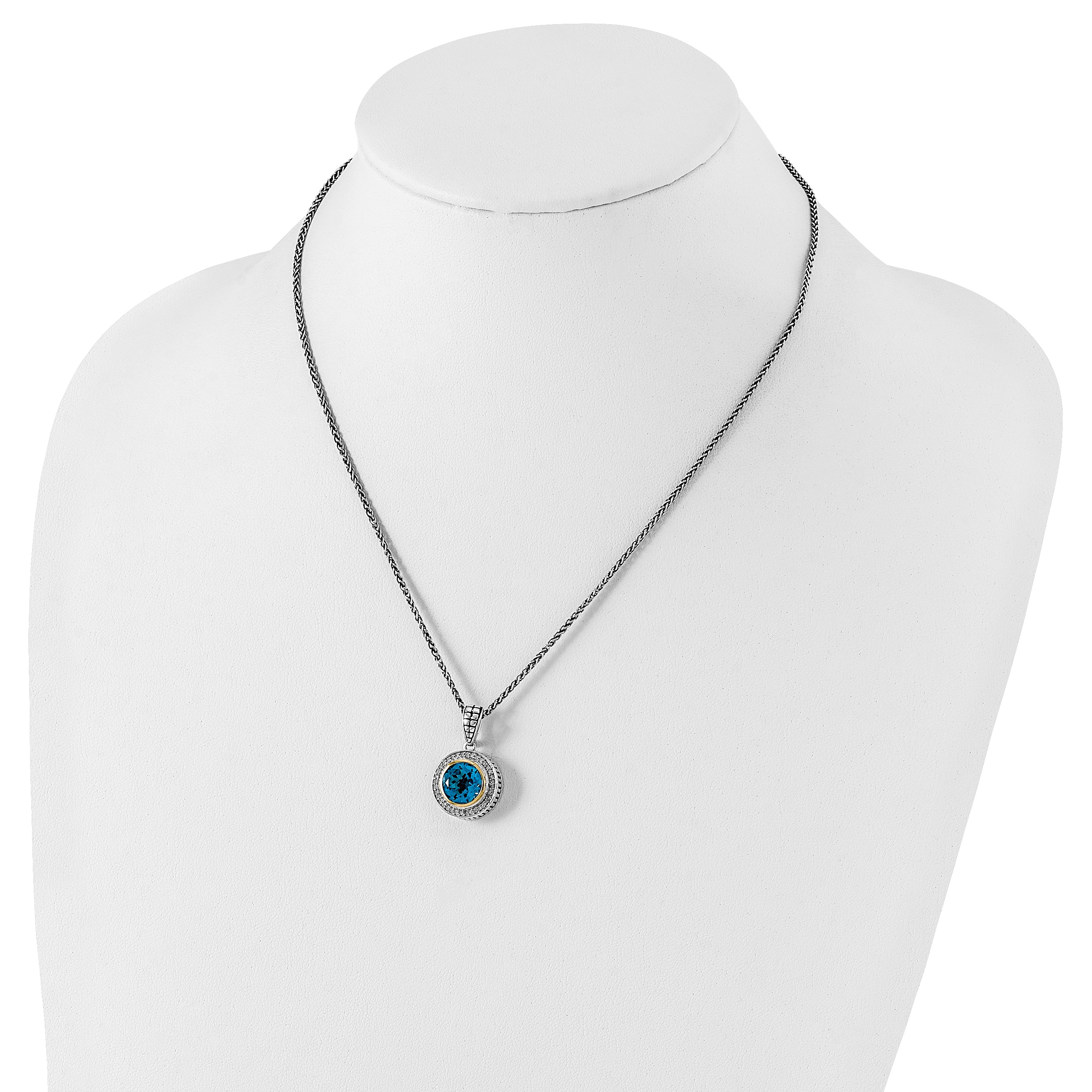 Shey Couture Sterling Silver with 14K Accent 18 Inch Antiqued Round Swiss Blue Topaz and Diamond Necklace