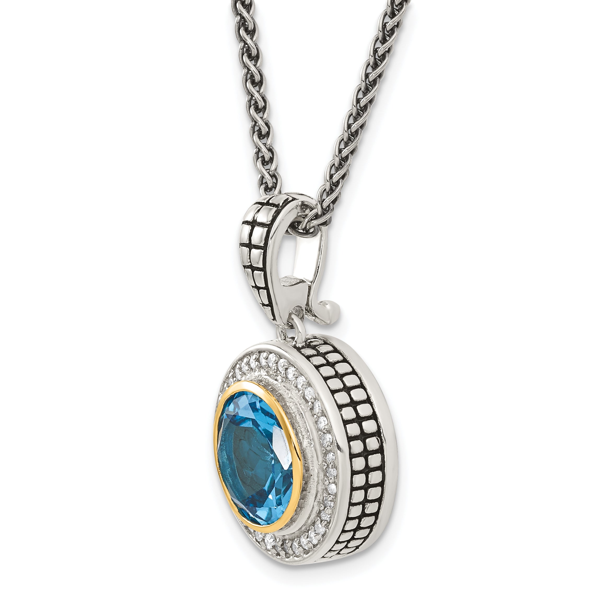 Shey Couture Sterling Silver with 14K Accent 18 Inch Antiqued Round Swiss Blue Topaz and Diamond Necklace