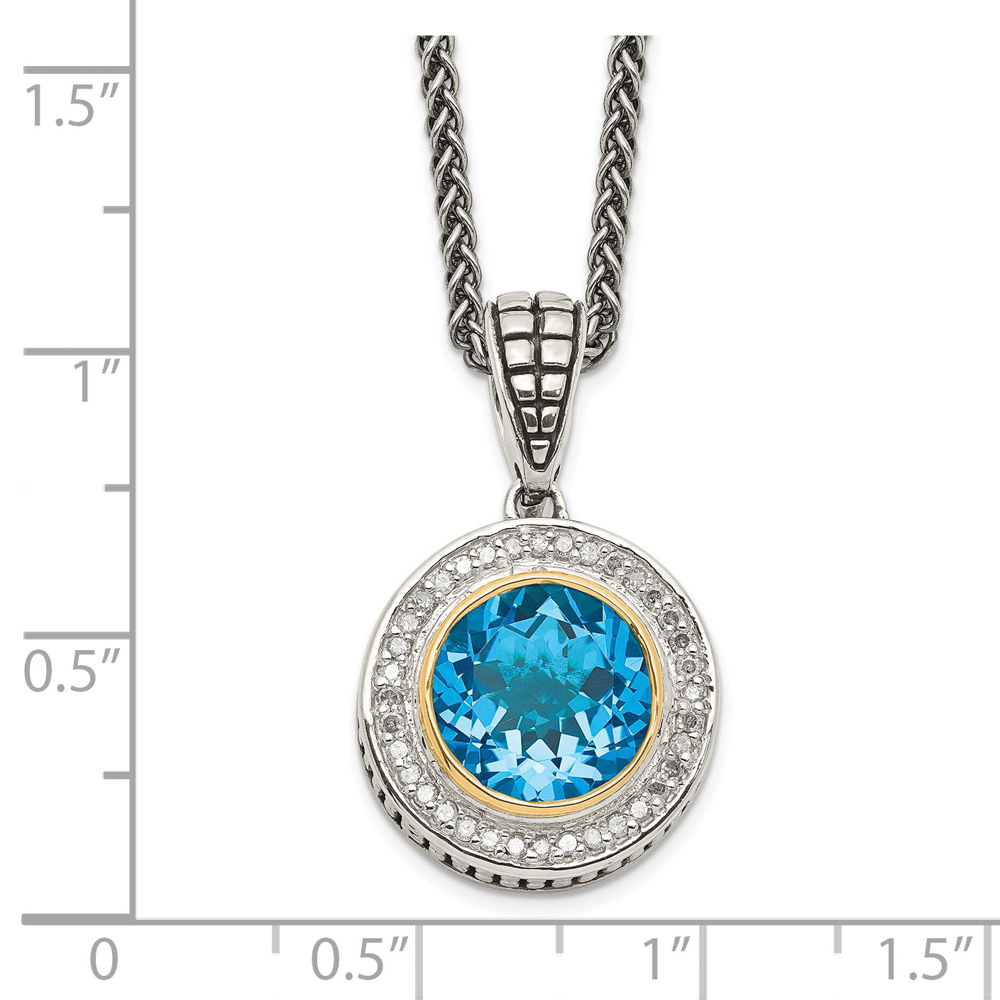 Shey Couture Sterling Silver with 14K Accent 18 Inch Antiqued Round Swiss Blue Topaz and Diamond Necklace