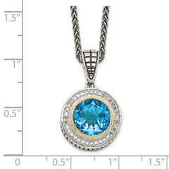 Shey Couture Sterling Silver with 14K Accent 18 Inch Antiqued Round Swiss Blue Topaz and Diamond Necklace