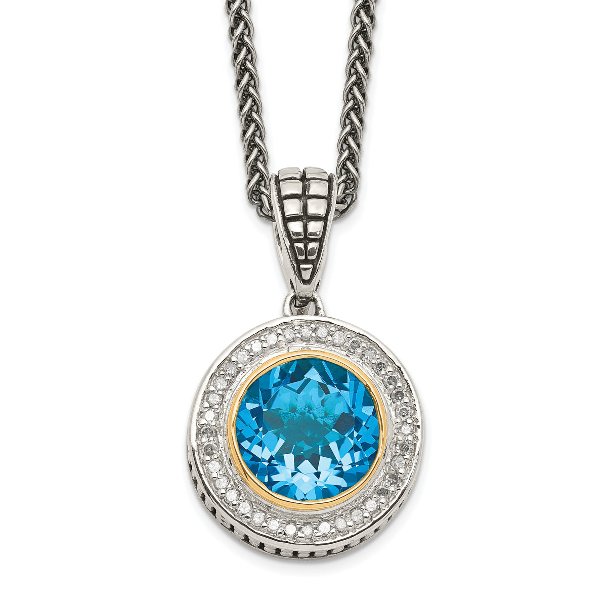 Shey Couture Sterling Silver with 14K Accent 18 Inch Antiqued Round Swiss Blue Topaz and Diamond Necklace