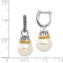 Shey Couture Sterling Silver with 14K Accent Antiqued 10mm Freshwater Cultured Pearl Hinged Hoop Dangle Earrings