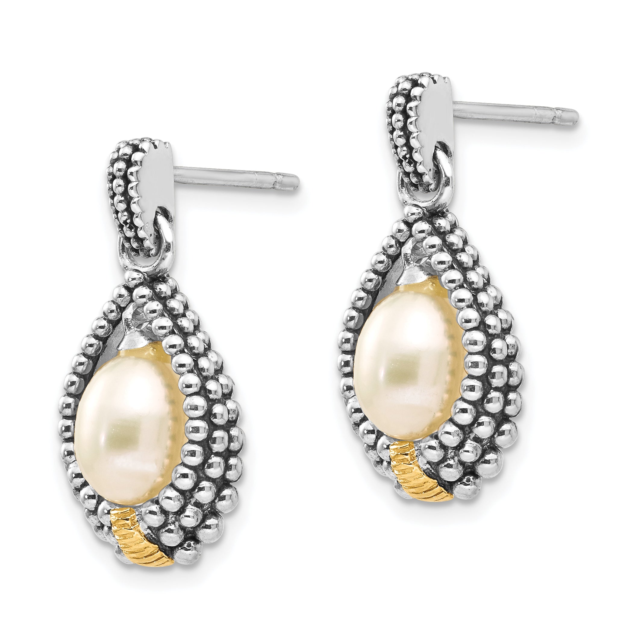 Shey Couture Sterling Silver with 14K Accent Antiqued 7x5mm Freshwater Cultured Pearl Post Drop Earrings