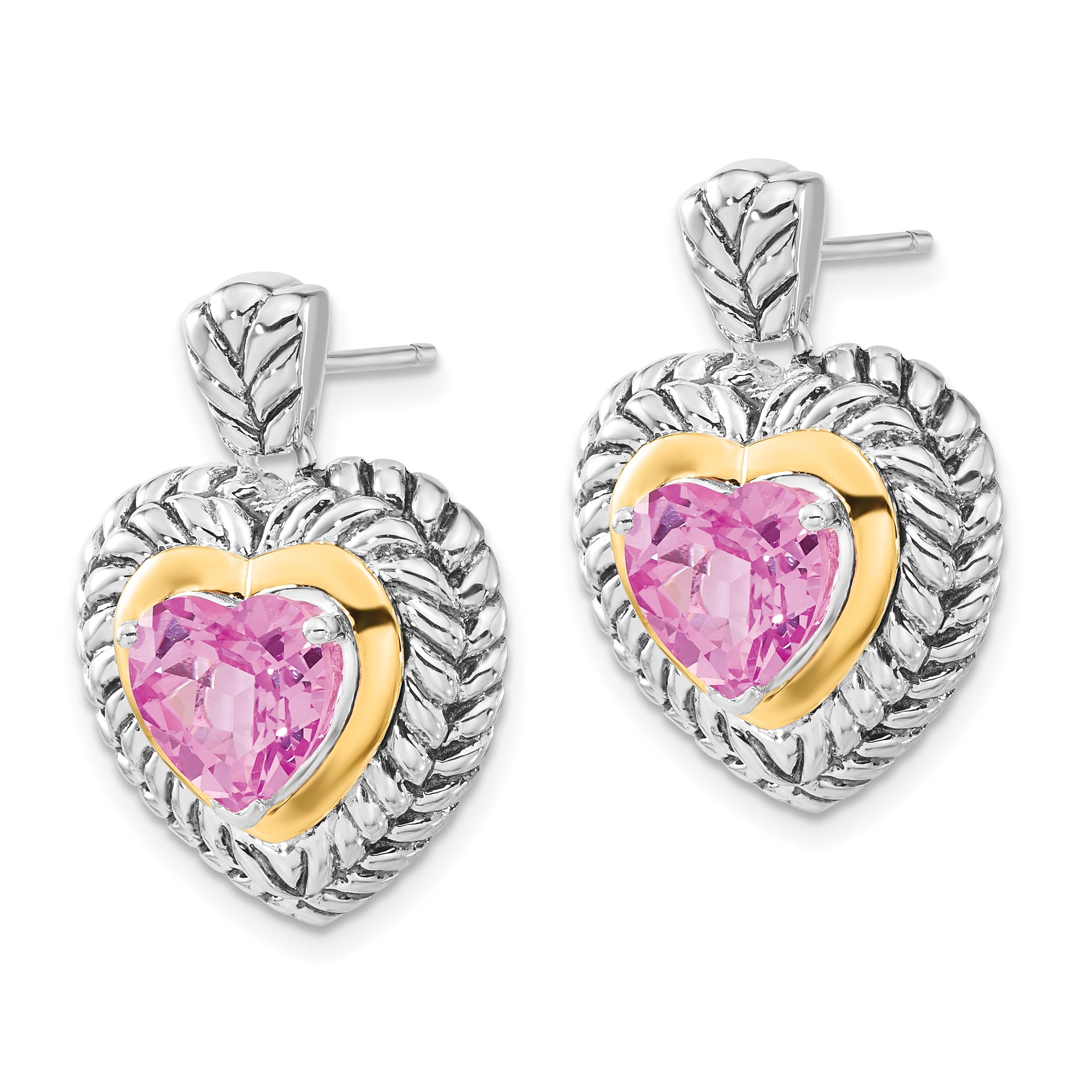 Sterling Silver w/ 14ky Accent Polished & Antiqued Created Pink Sapphire Heart Post Dangle Earrings