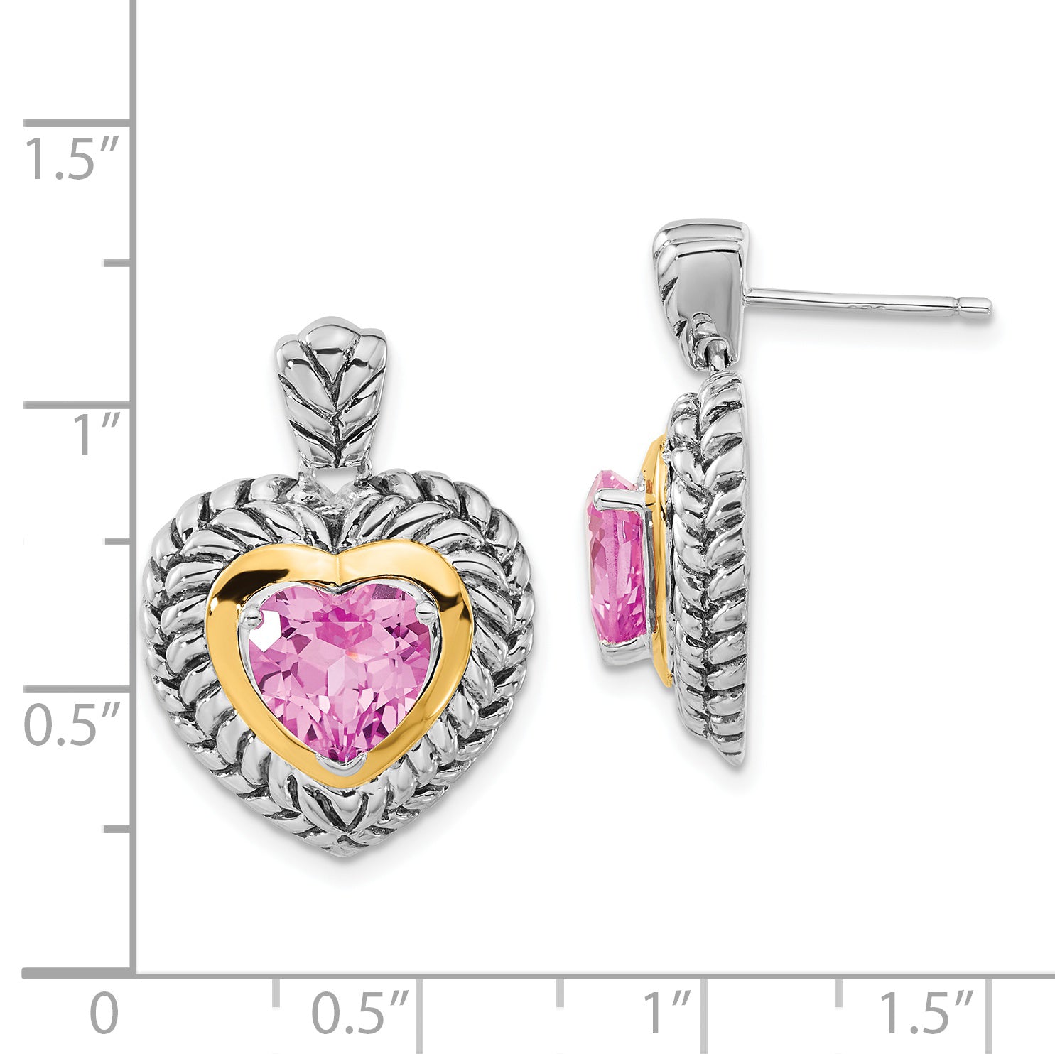 Sterling Silver w/ 14ky Accent Polished & Antiqued Created Pink Sapphire Heart Post Dangle Earrings