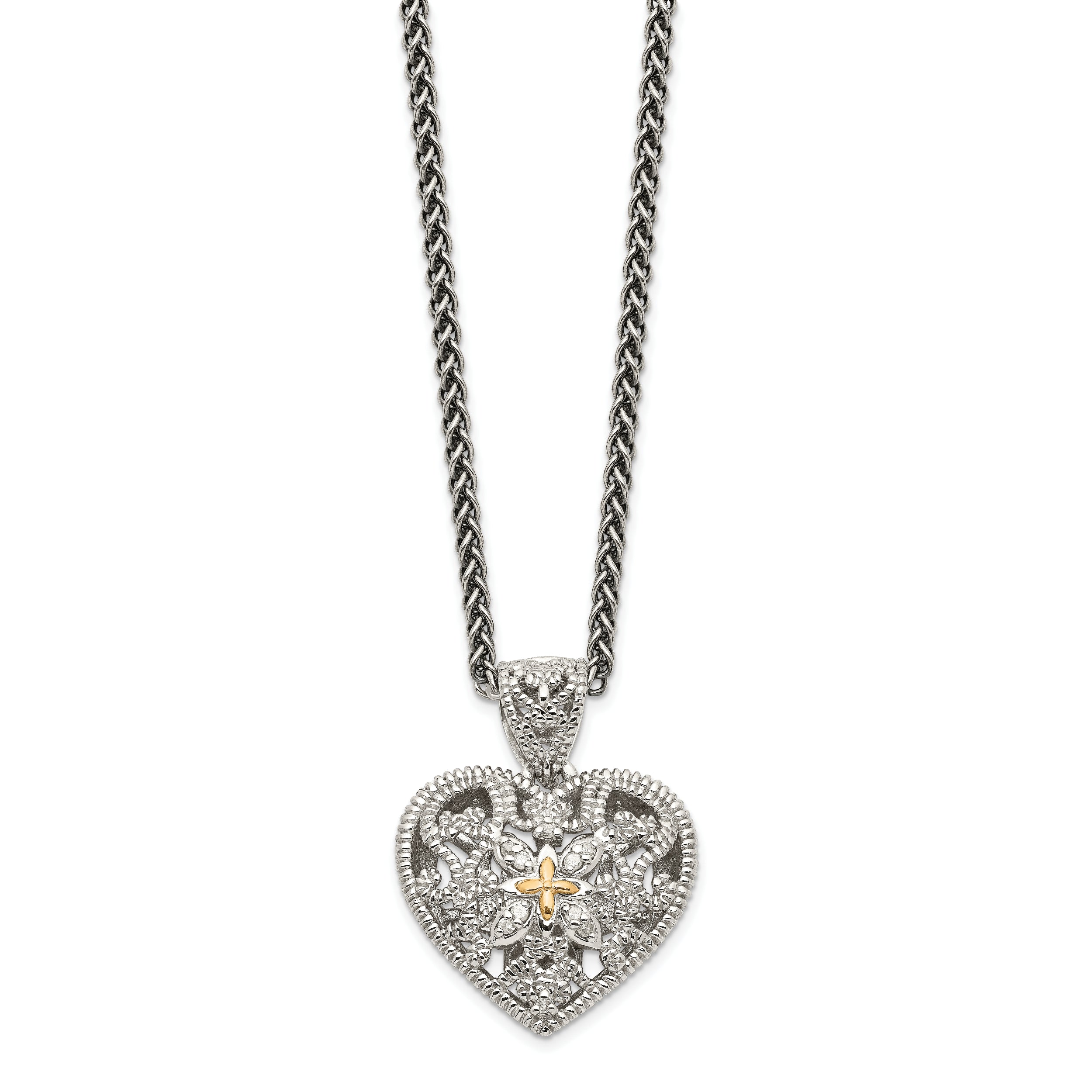 Shey Couture Sterling Silver Antiqued with 14K Accent 18 Inch Diamond Vintage Heart Necklace