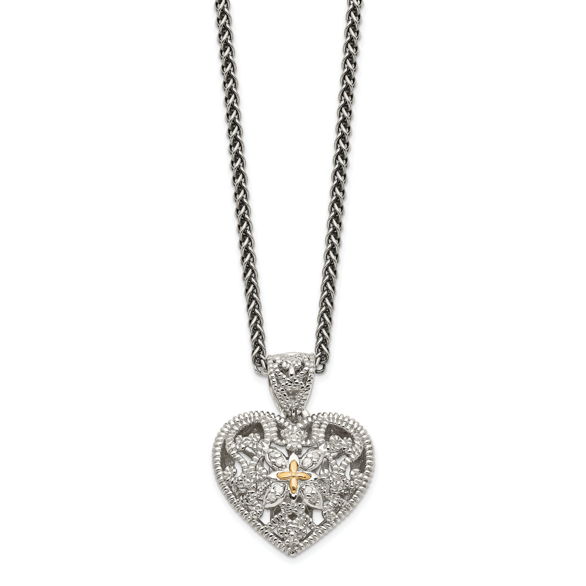 Shey Couture Sterling Silver Antiqued with 14K Accent 18 Inch Diamond Vintage Heart Necklace