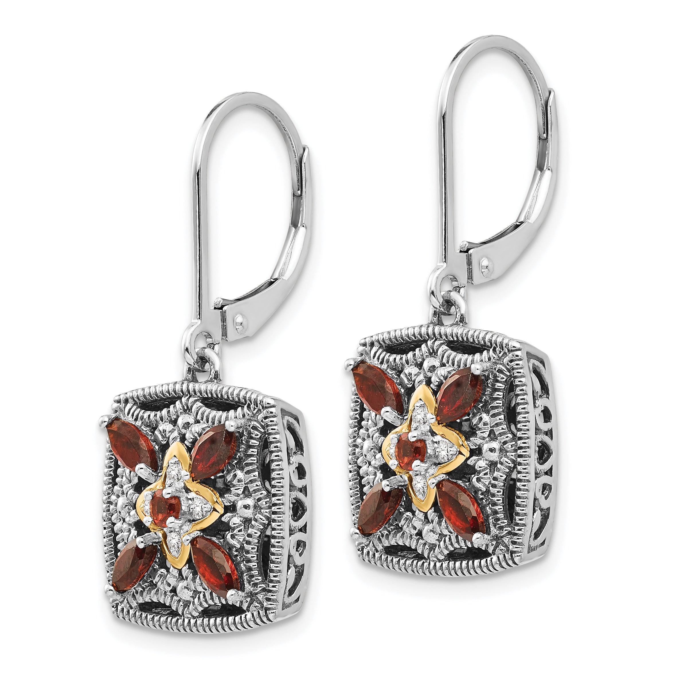 Sterling Silver 14K Gold Garnet and Diamond Antique Dangle Earrings