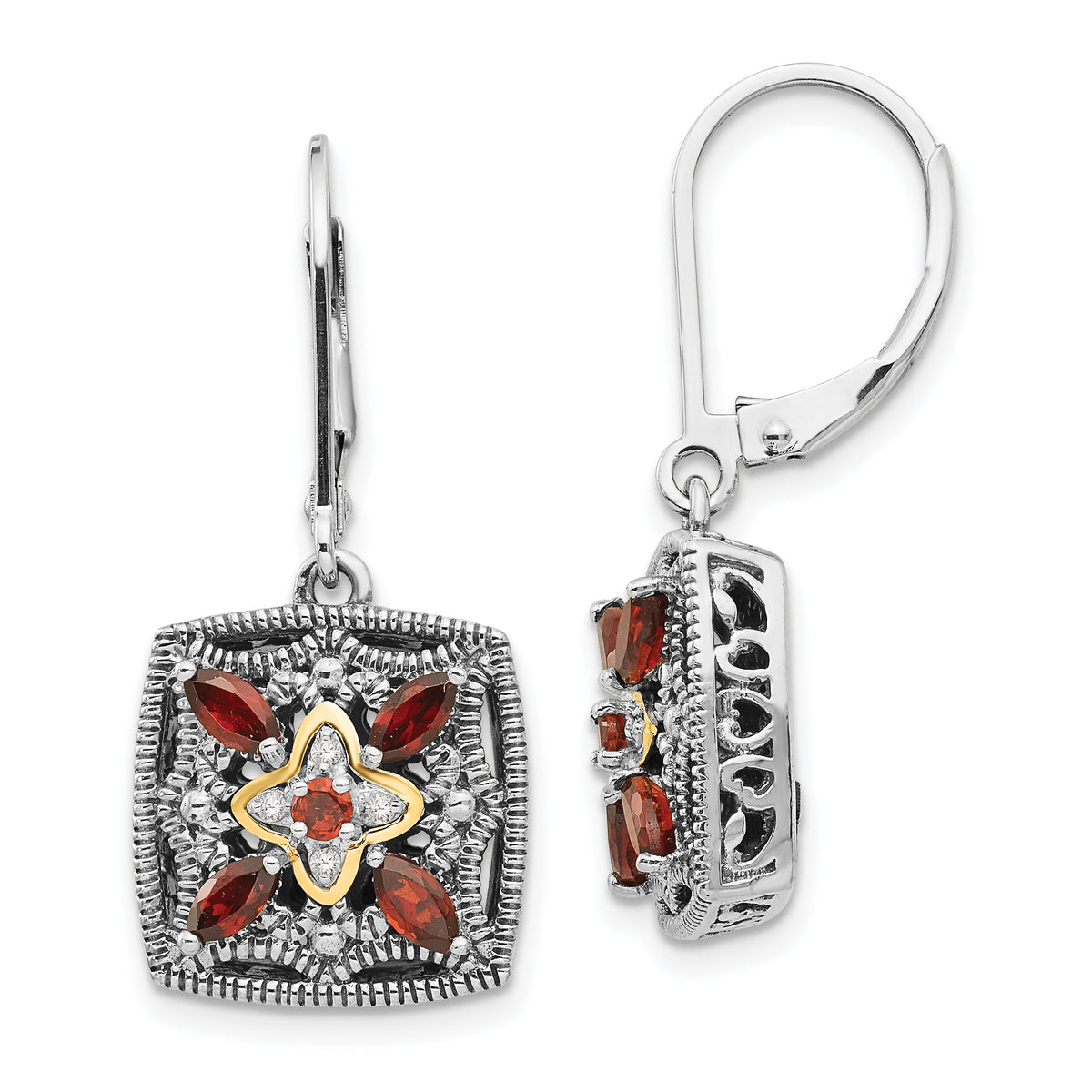 Shey Couture Sterling Silver with 14K Accent Antiqued Diamond and Marquise Garnet Leverback Earrings