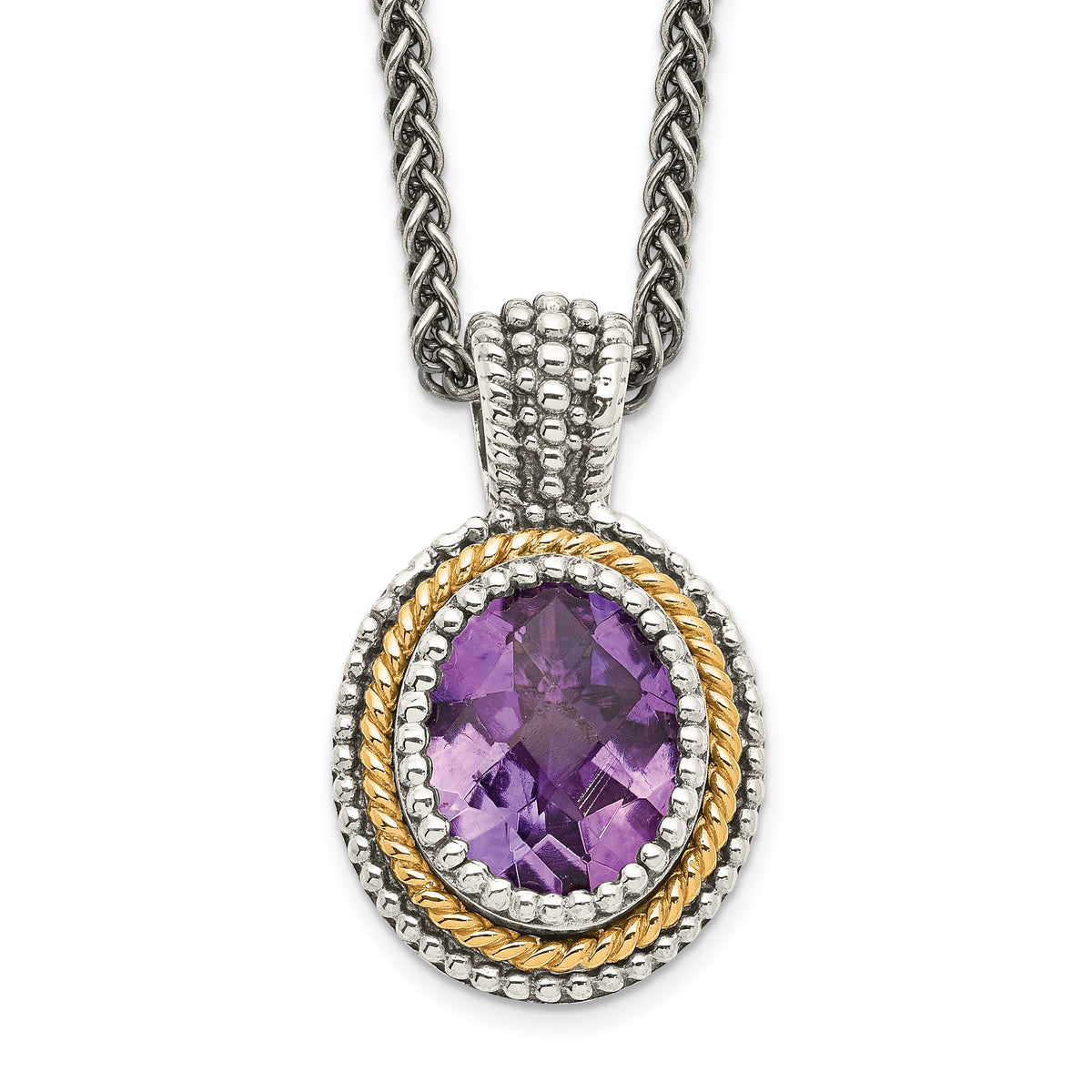 Shey Couture Sterling Silver with 14K Accent 18 Inch Antiqued Oval Bezel Amethyst Necklace