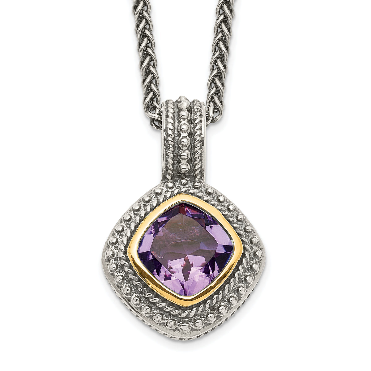 Shey Couture Sterling Silver with 14K Accent 18 Inch Antiqued Cushion Bezel Amethyst Necklace