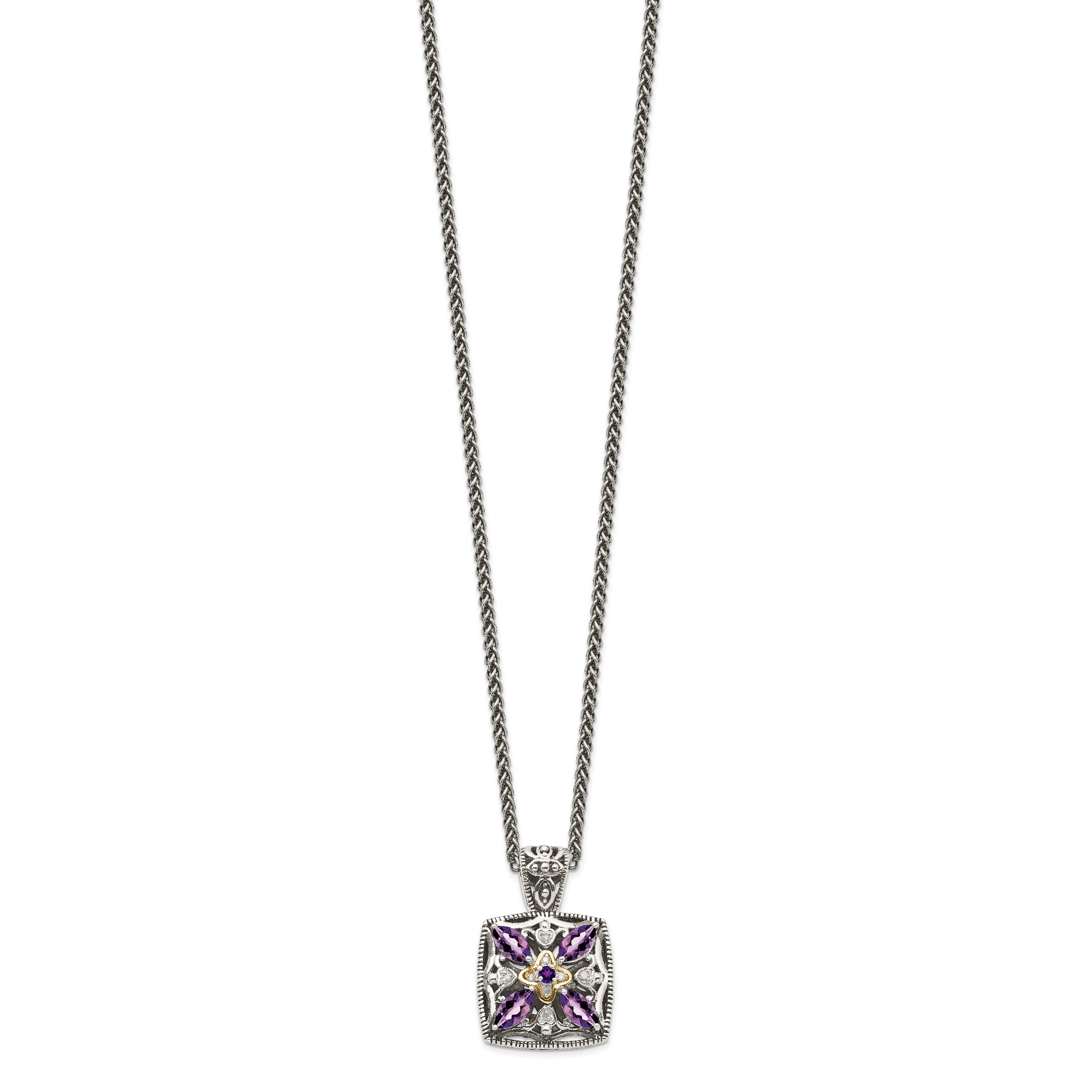 Shey Couture Sterling Silver Antiqued with 14K Accent 18 Inch Diamond and Pear Shaped Amethyst Necklace