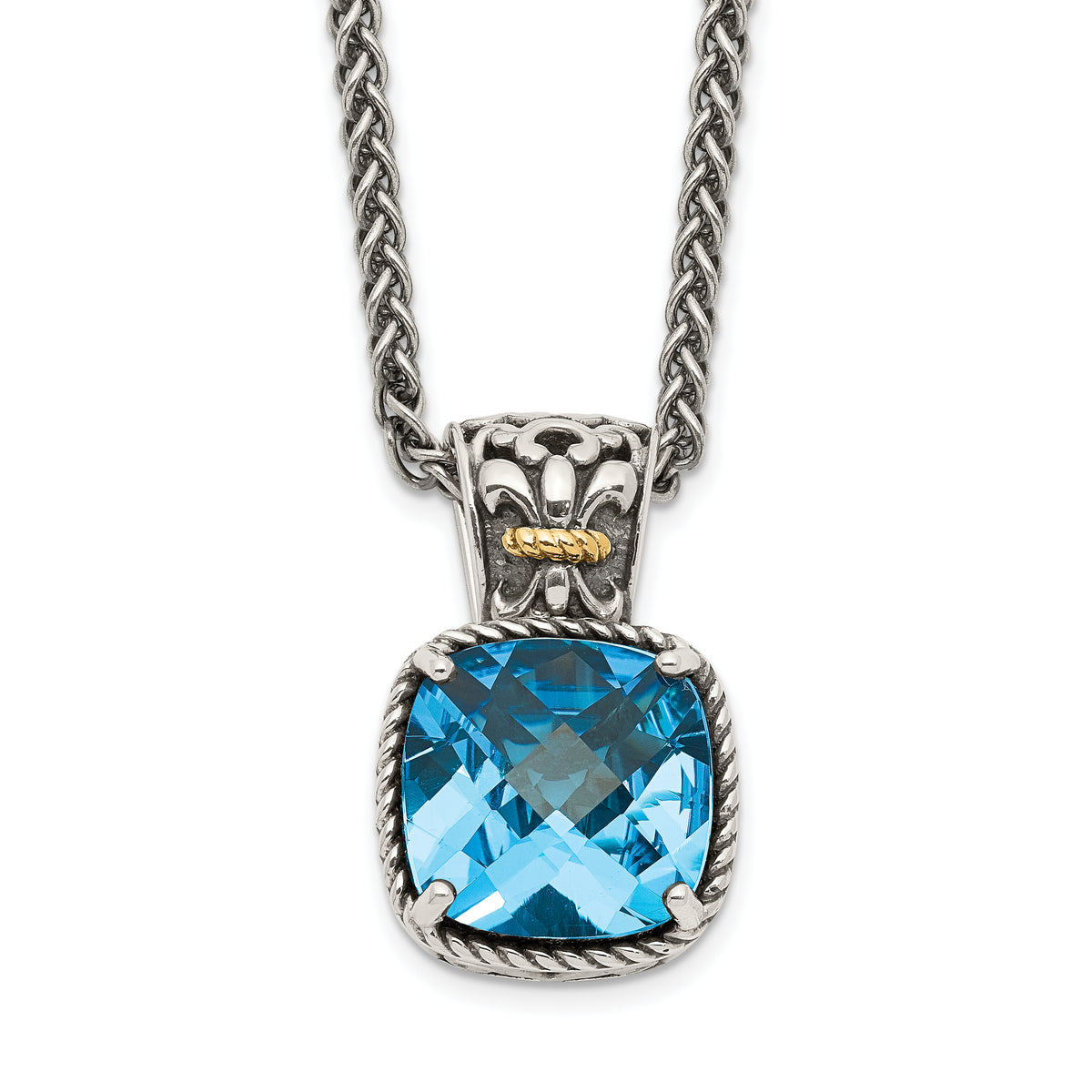 Shey Couture Sterling Silver with 14K Accent 18 Inch Antiqued Cushion Blue Topaz Necklace