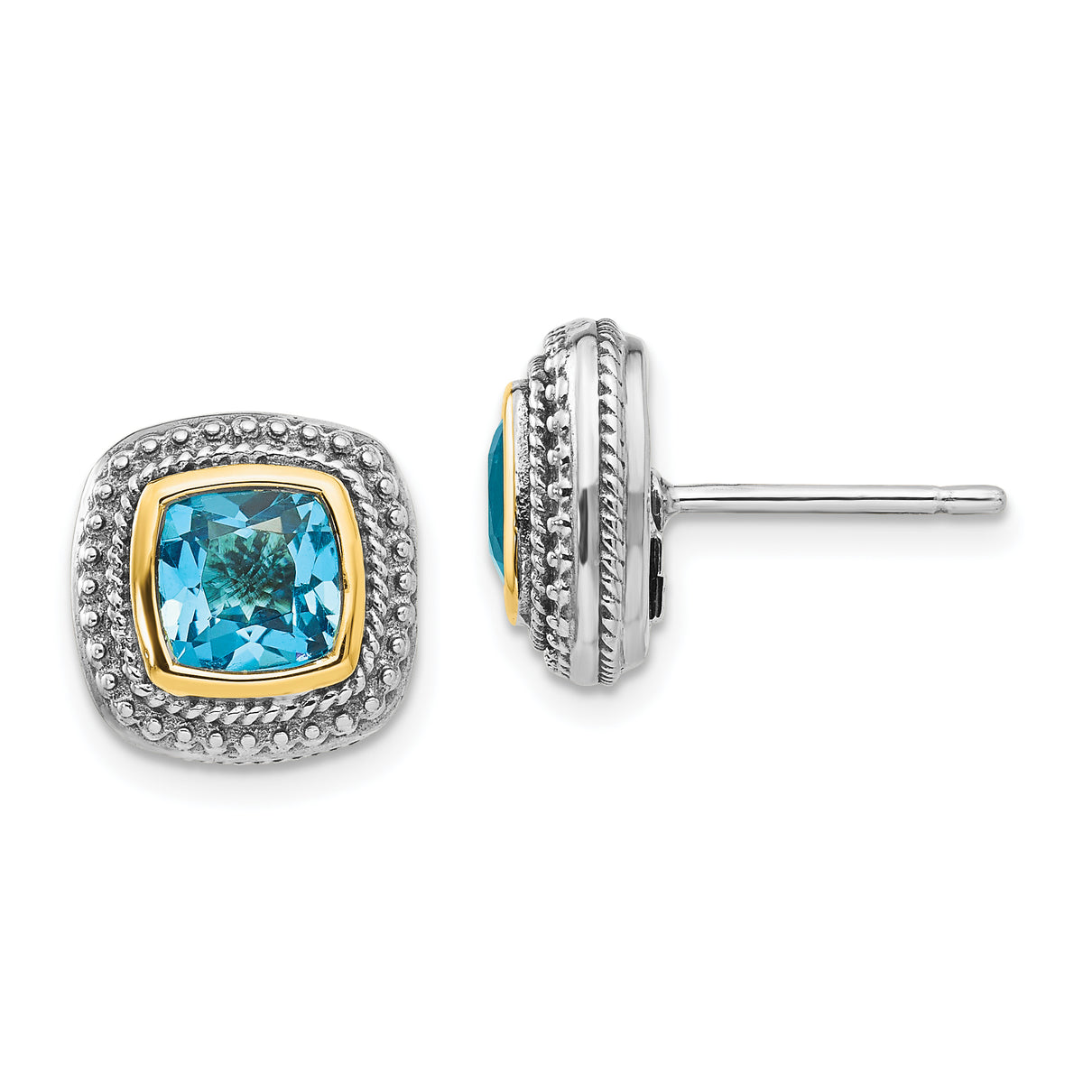 Shey Couture Sterling Silver with 14K Accent Antiqued Cushion Bezel Blue Topaz Post Earrings