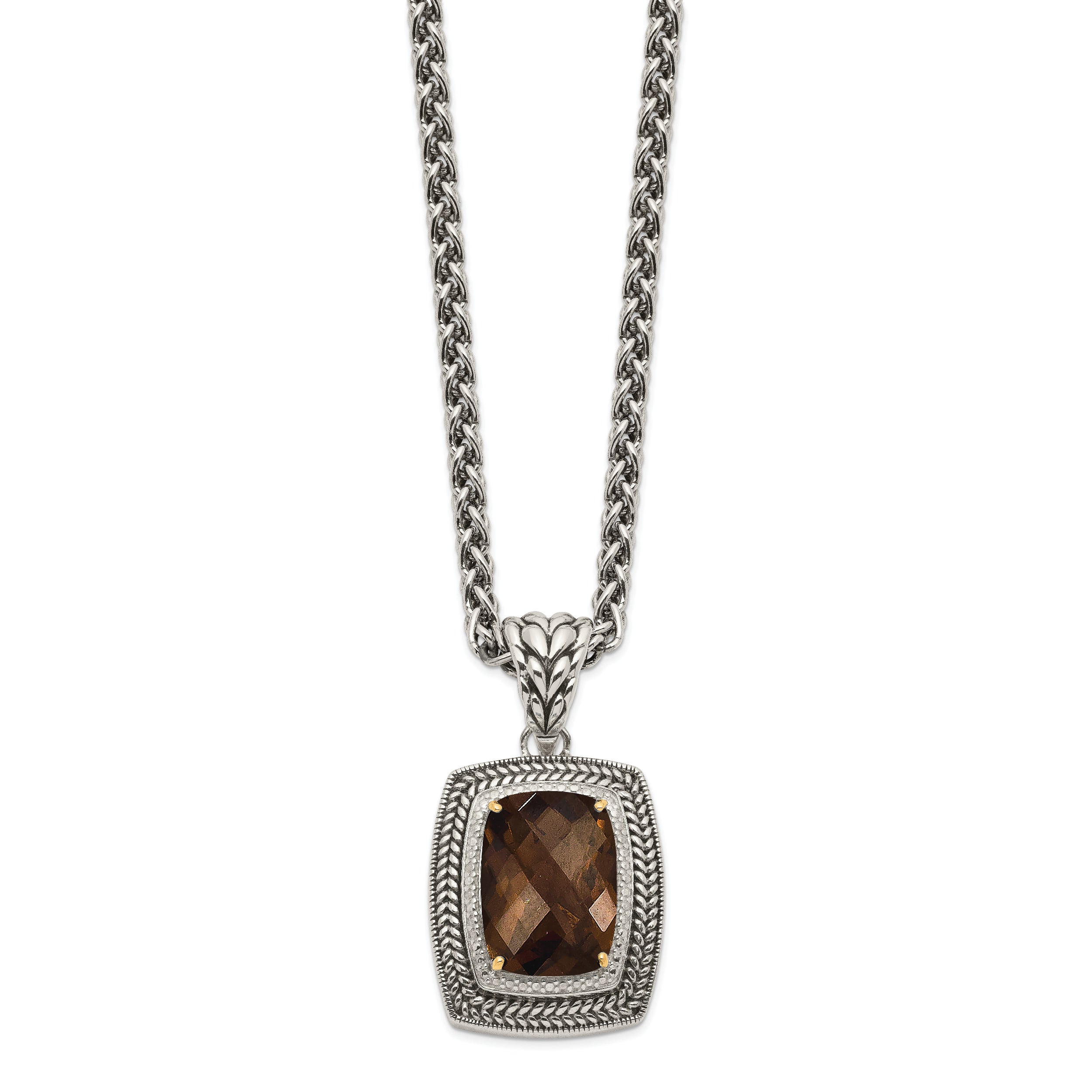 Shey Couture Sterling Silver with 14K Accent 18 Inch Antiqued Cushion Checkerboard Smoky Quartz Necklace