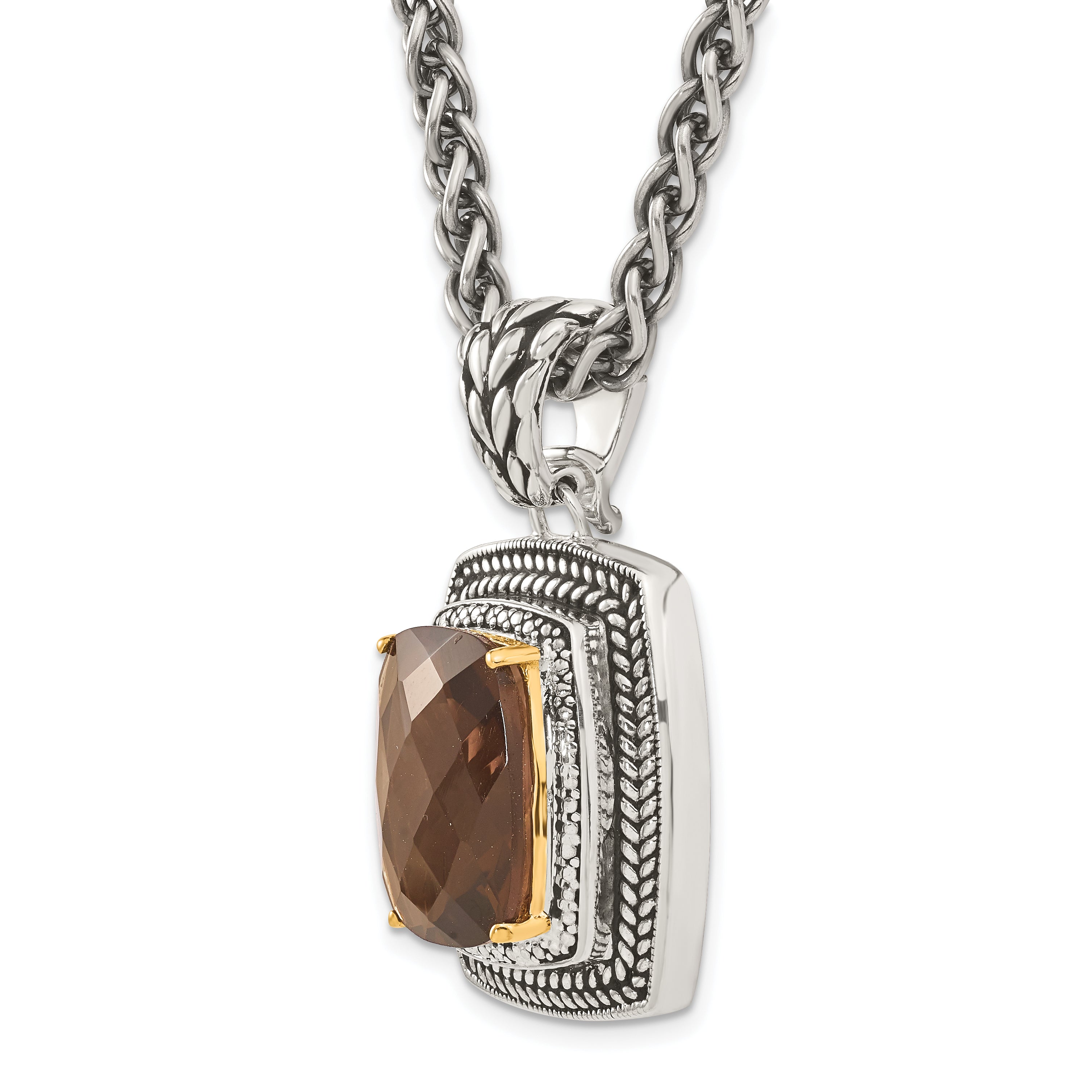 Shey Couture Sterling Silver with 14K Accent 18 Inch Antiqued Cushion Checkerboard Smoky Quartz Necklace