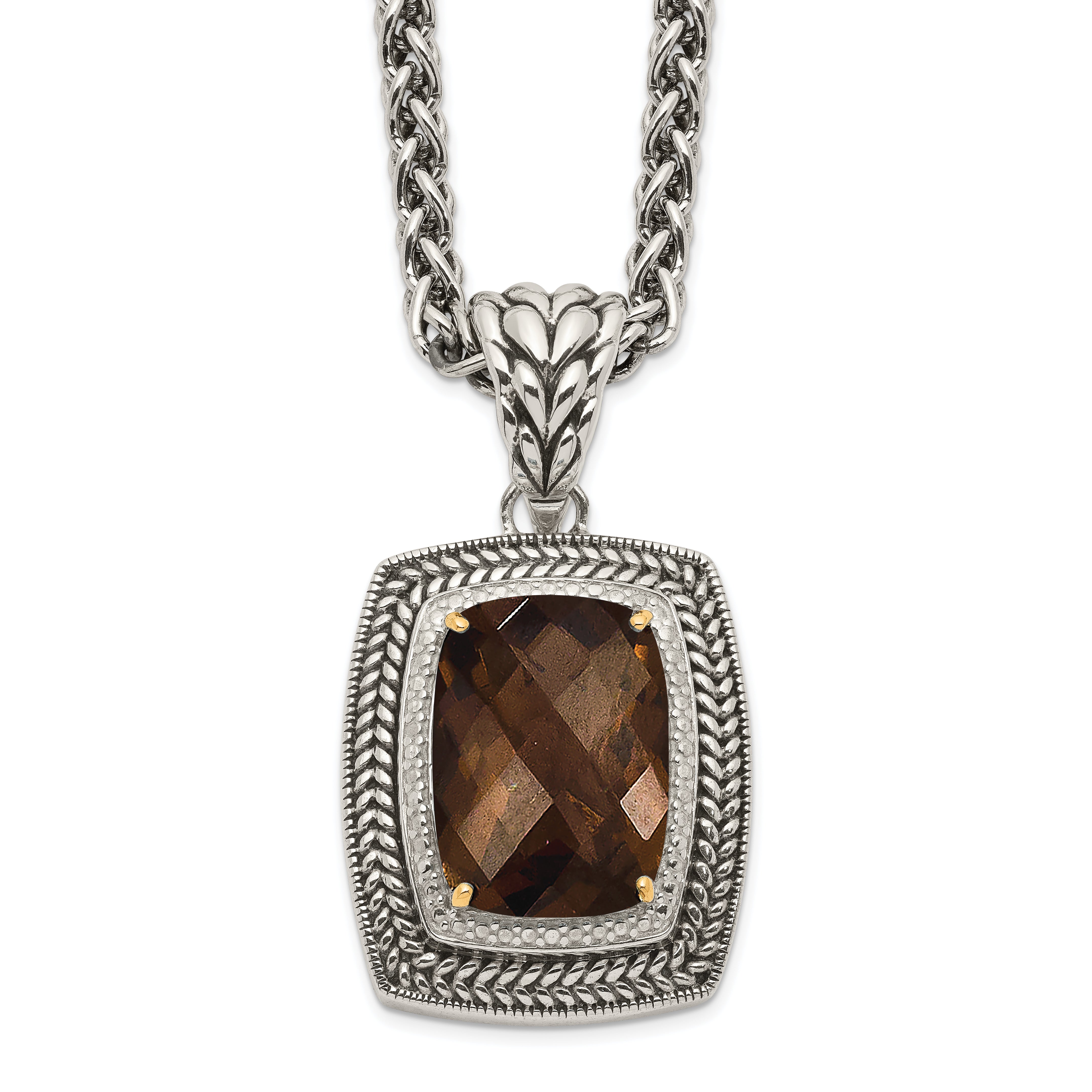 Shey Couture Sterling Silver with 14K Accent 18 Inch Antiqued Cushion Checkerboard Smoky Quartz Necklace