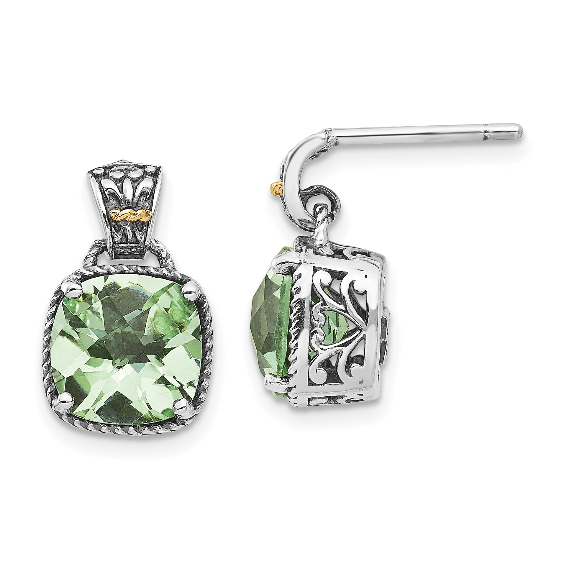 Shey Couture Sterling Silver with 14K Accent Antiqued Cushion Green Quartz Post Dangle Earrings