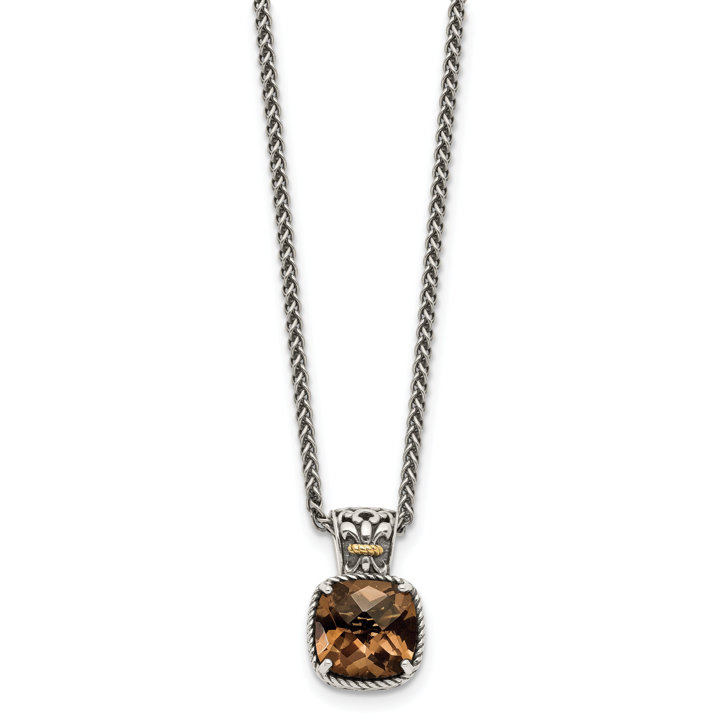 Shey Couture Sterling Silver with 14K Accent 18 Inch Antiqued Cushion Checkerboard Smoky Quartz Necklace