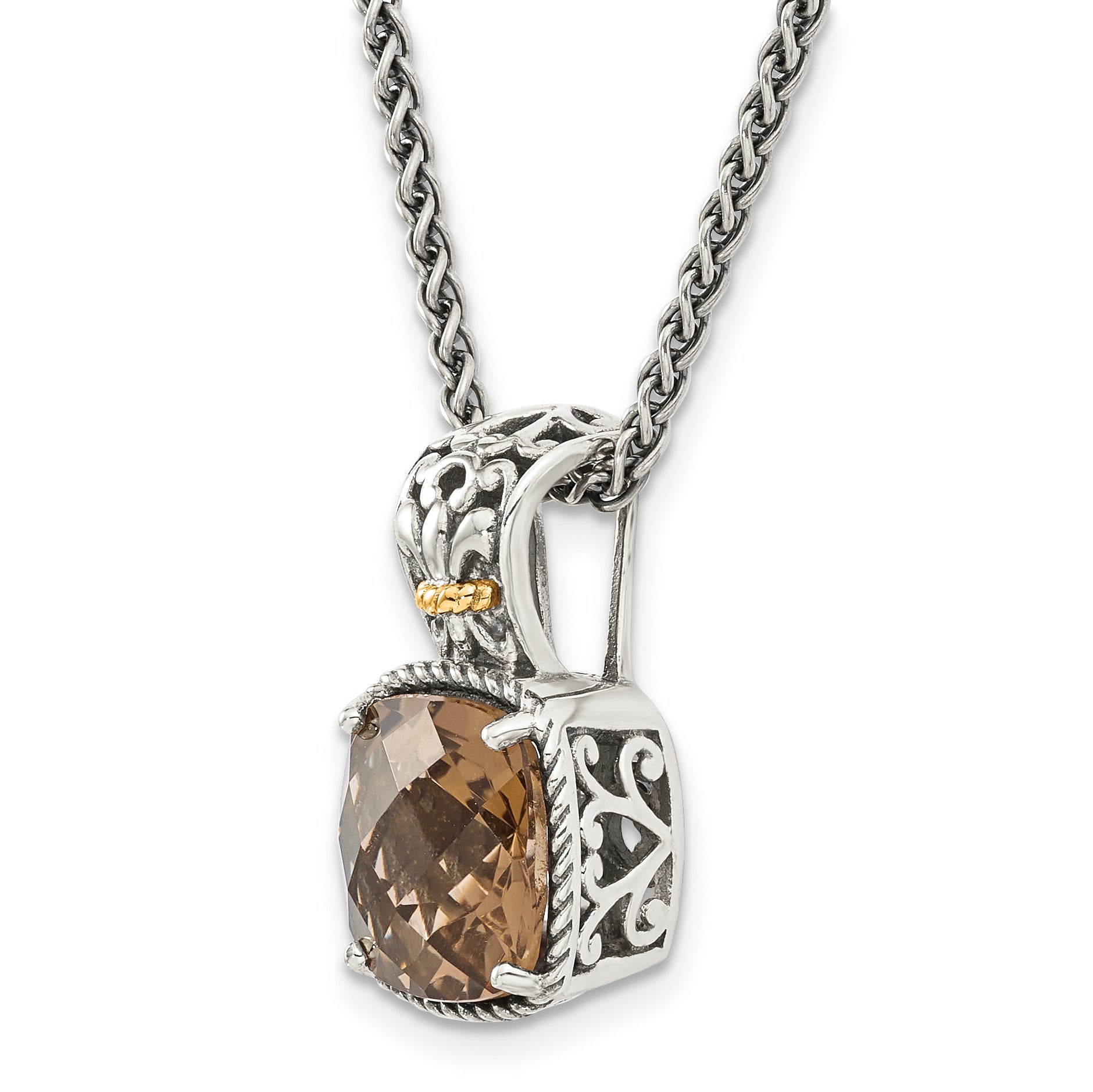 Shey Couture Sterling Silver with 14K Accent 18 Inch Antiqued Cushion Checkerboard Smoky Quartz Necklace