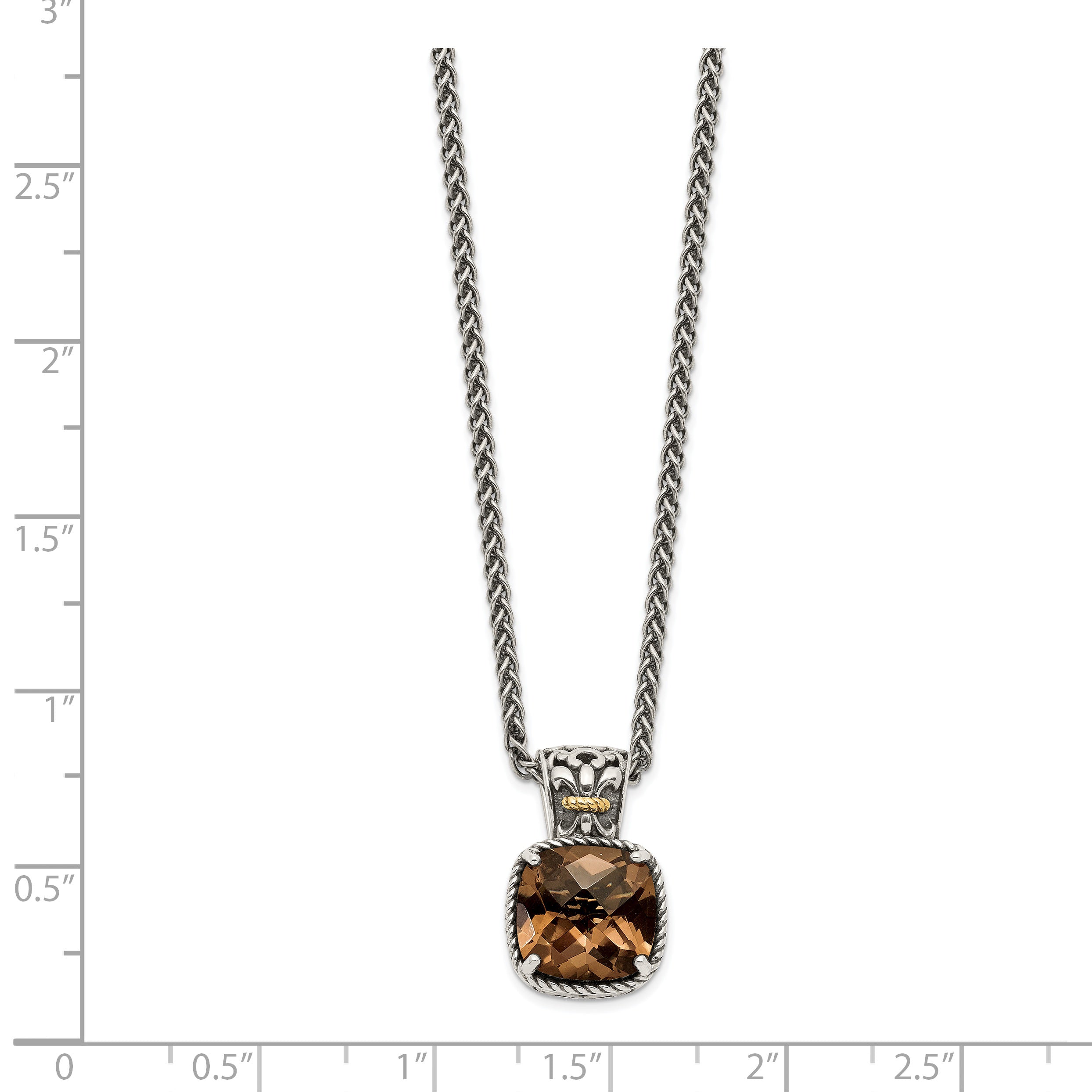 Shey Couture Sterling Silver with 14K Accent 18 Inch Antiqued Cushion Checkerboard Smoky Quartz Necklace