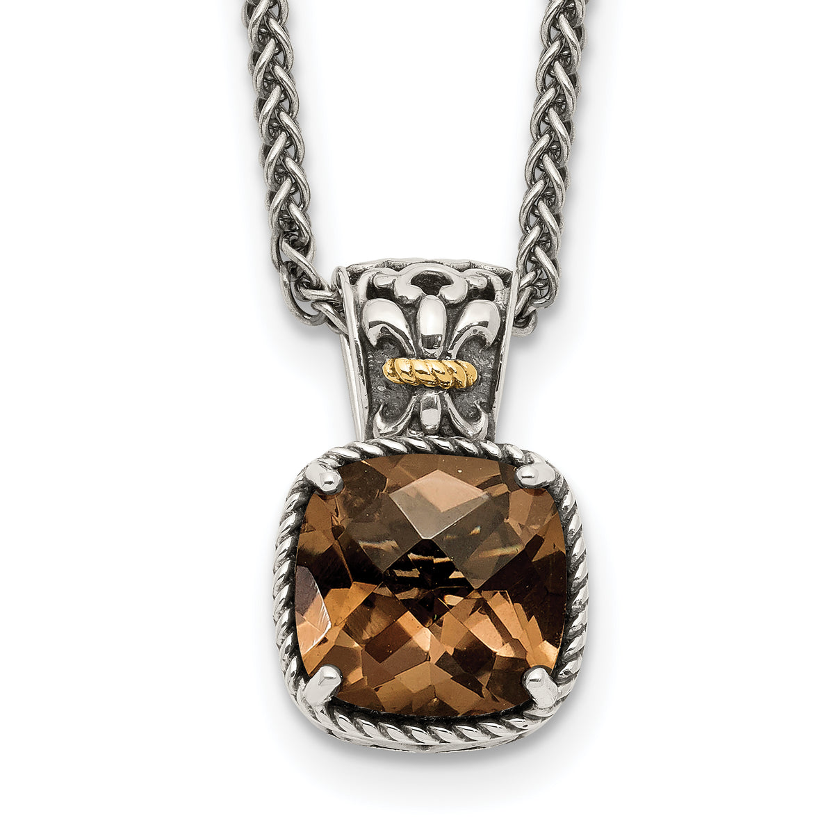 Shey Couture Sterling Silver with 14K Accent 18 Inch Antiqued Cushion Checkerboard Smoky Quartz Necklace