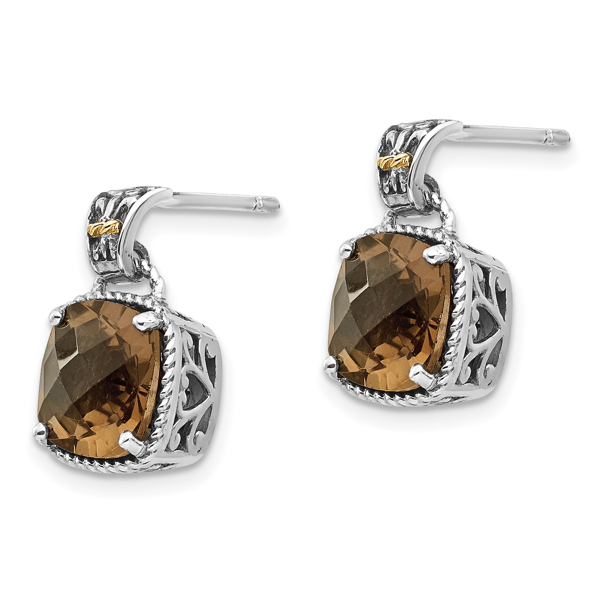 Shey Couture Sterling Silver with 14K Accent Antiqued Cushion Smoky Quartz Dangle Post Earrings