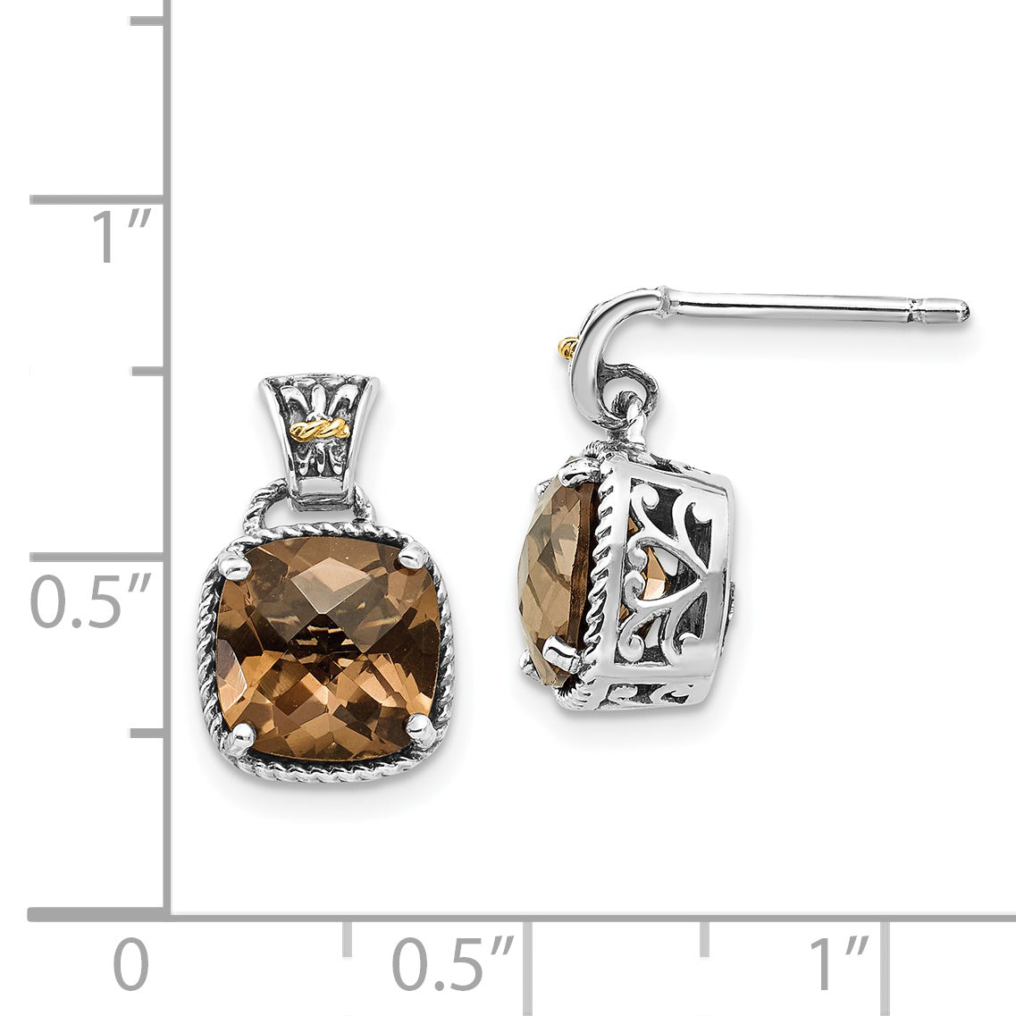 Shey Couture Sterling Silver with 14K Accent Antiqued Cushion Smoky Quartz Dangle Post Earrings