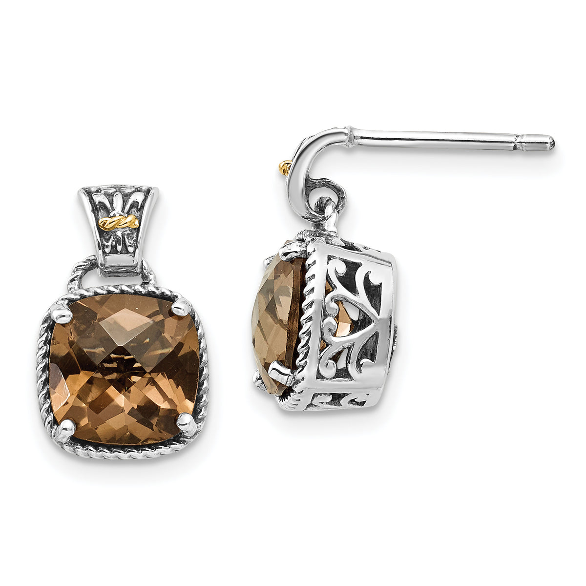 Shey Couture Sterling Silver with 14K Accent Antiqued Cushion Smoky Quartz Dangle Post Earrings