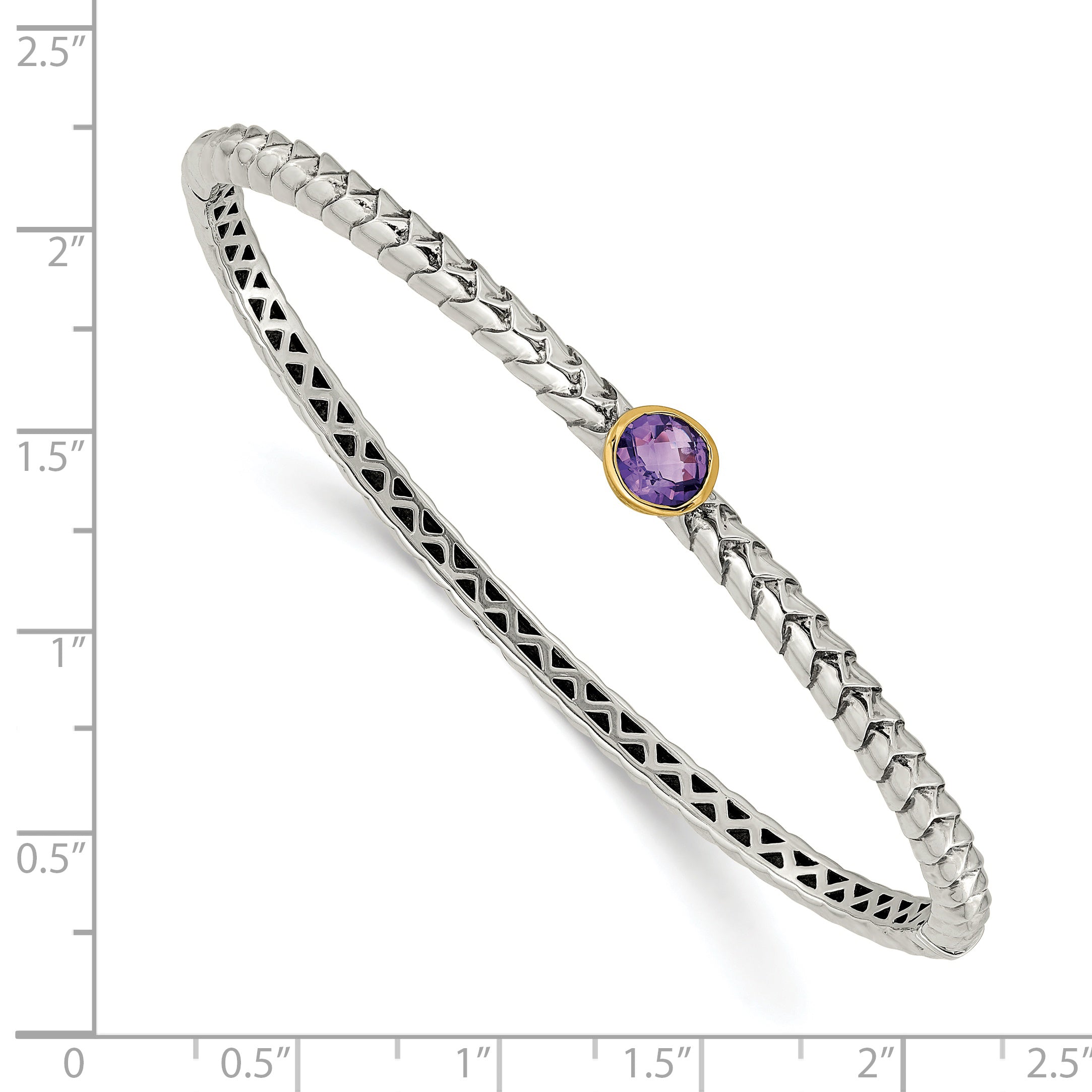 Shey Couture Sterling Silver Antiqued with 14K Accent Round Bezel Amethyst Hinged Bangle Bracelet