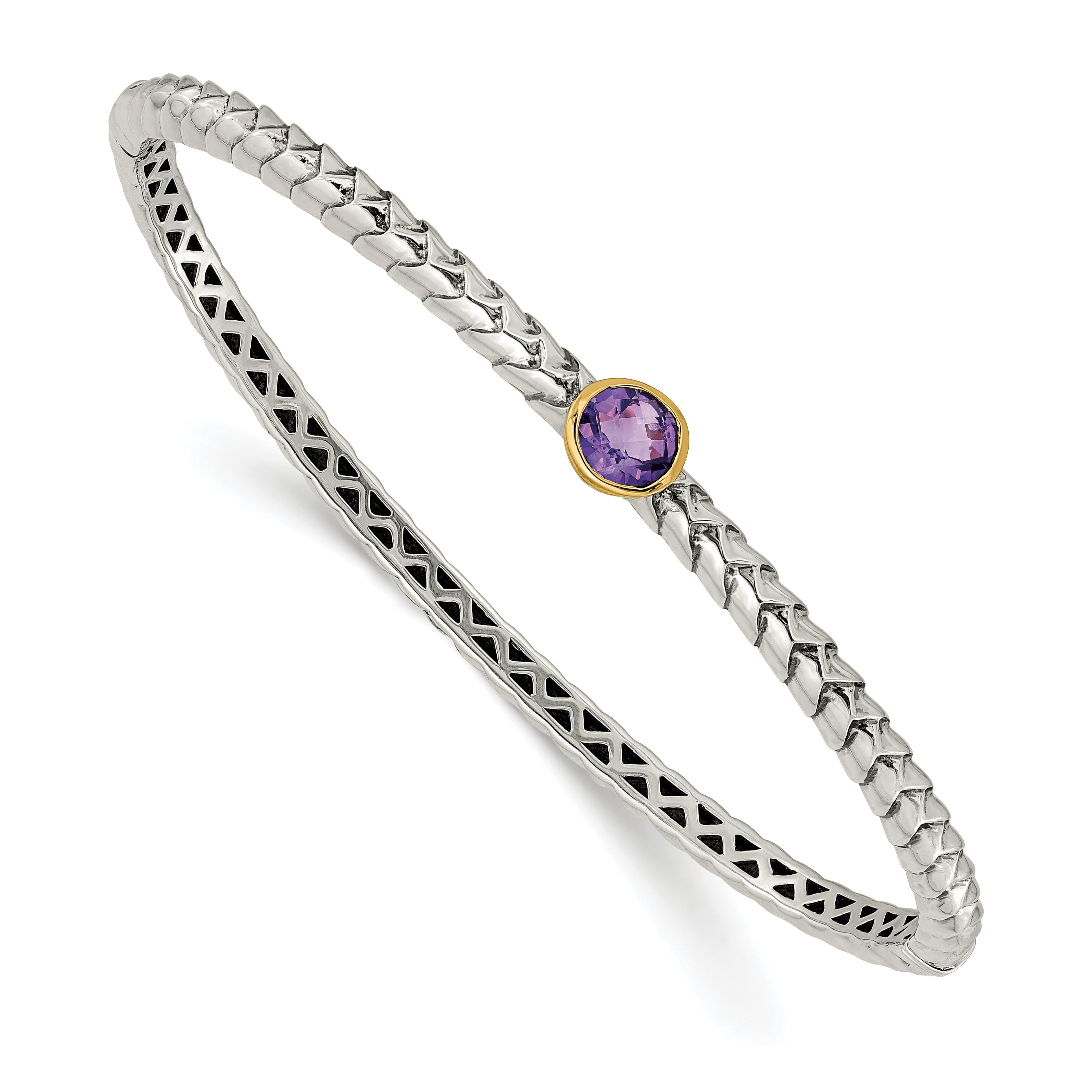 Shey Couture Sterling Silver Antiqued with 14K Accent Round Bezel Amethyst Hinged Bangle Bracelet