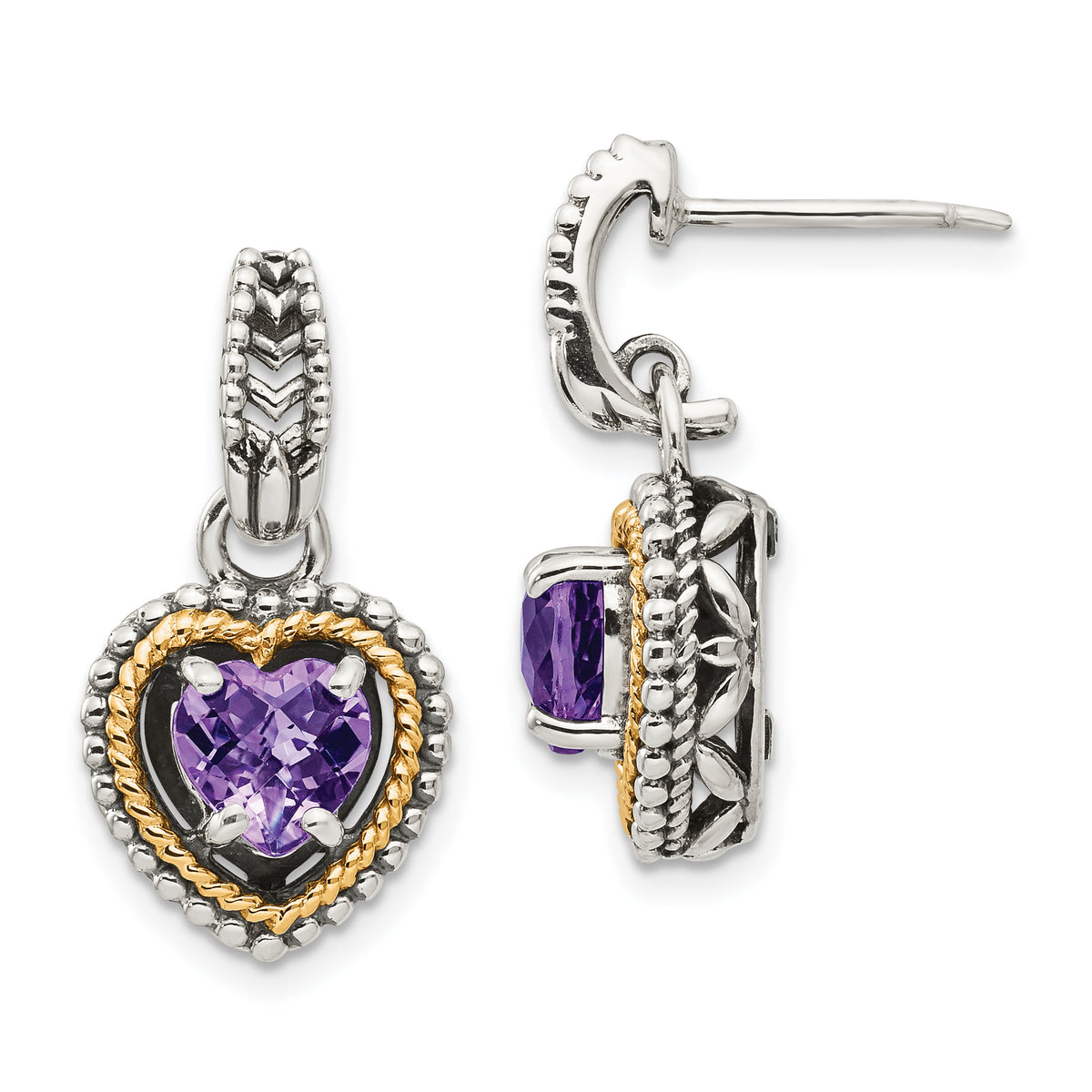 Shey Couture Sterling Silver with 14K Accent Antiqued Amethyst Heart Post Dangle Earrings