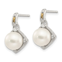 Shey Couture Sterling Silver Rhodium-plated with 14K Accent 7.5-8mm Freshwater Cultured Pearl and Diamond Dangle Post Earrings