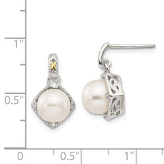 Shey Couture Sterling Silver Rhodium-plated with 14K Accent 7.5-8mm Freshwater Cultured Pearl and Diamond Dangle Post Earrings