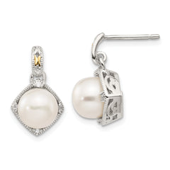 Shey Couture Sterling Silver Rhodium-plated with 14K Accent 7.5-8mm Freshwater Cultured Pearl and Diamond Dangle Post Earrings