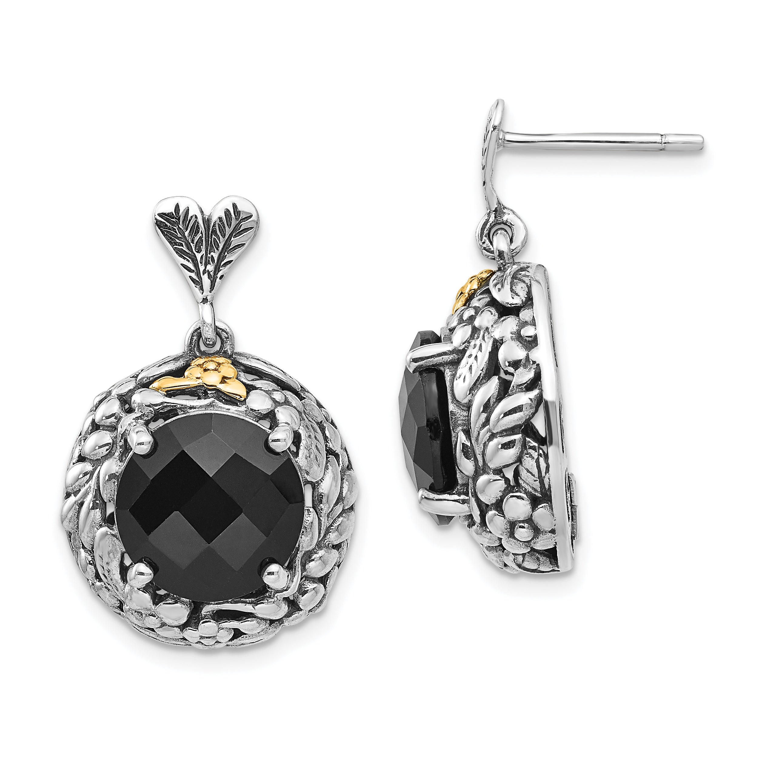 Shey Couture Sterling Silver with 14K Accent Antiqued Checkerboard-cut Black Onyx Post Dangle Earrings