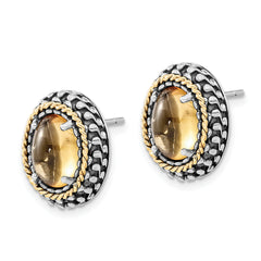 Sterling Silver w/14k Polished & Antiqued Oval Citrine Post Earrings