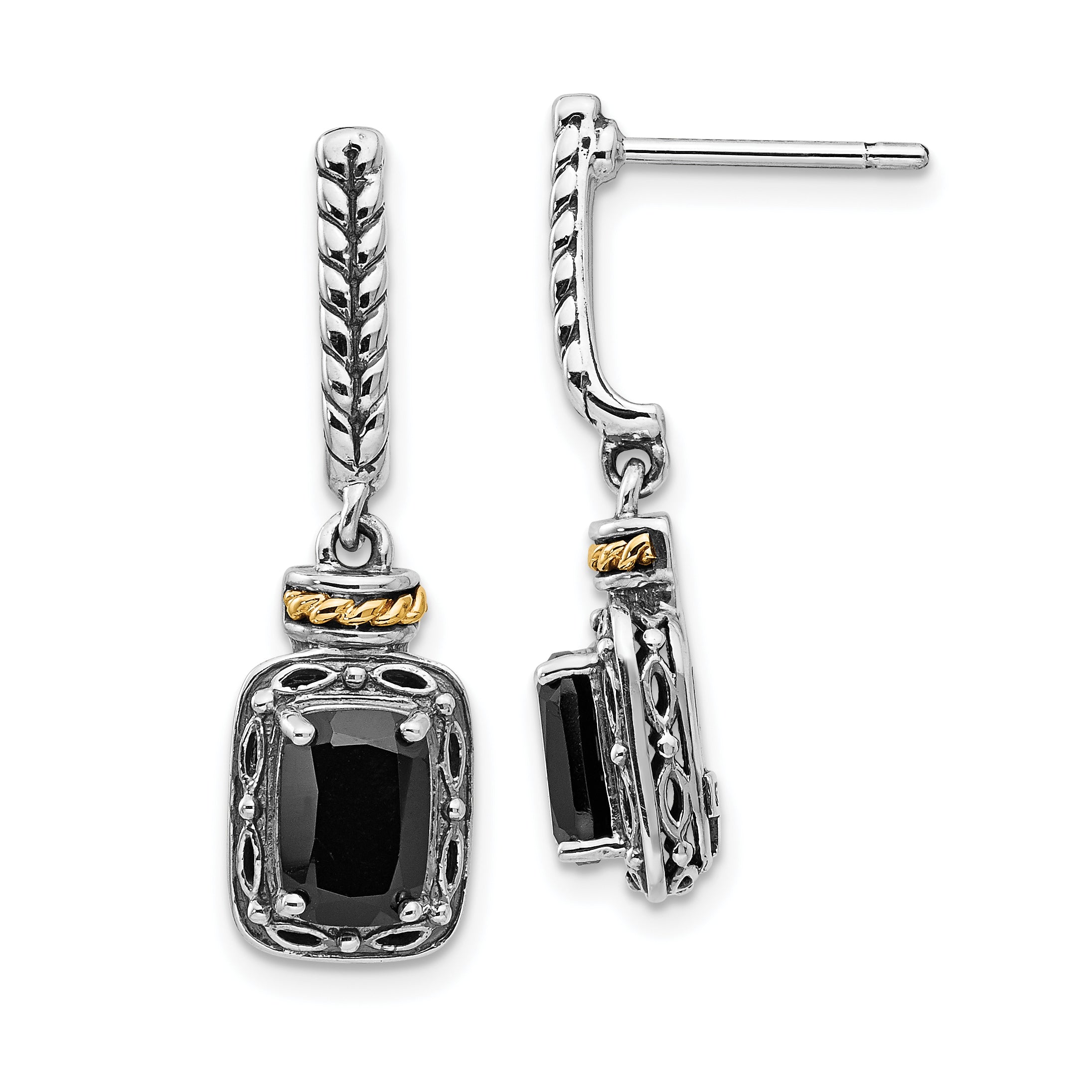 Shey Couture Sterling Silver with 14K Accent Antiqued Black Onyx Post Dangle Earrings