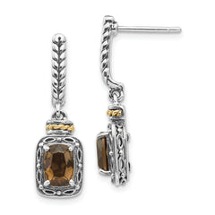 Shey Couture Sterling Silver with 14K Accent Antiqued Cushion Smoky Quartz Post Dangle Earrings