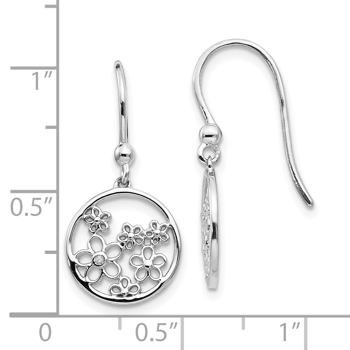 Sterling Silver Diamond Flower Dangle Earrings with Rhodium Finish