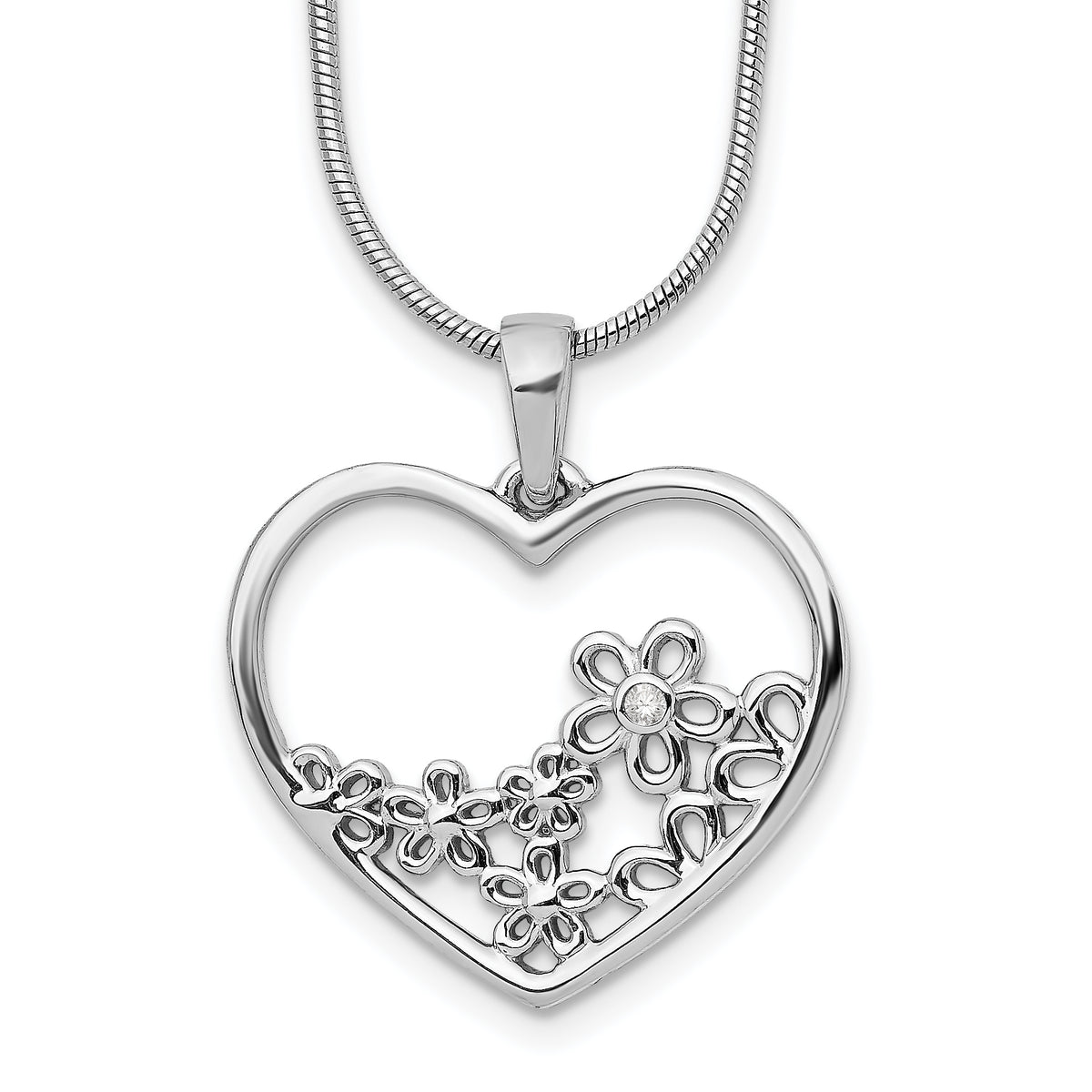 White Ice Sterling Silver Rhodium-plated Diamond 18 Inch Heart with Flower Center Necklace with 2 Inch Extender