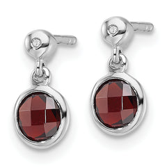 Sterling Silver RH Plated White Ice Diamond and Garnet Post Earrings