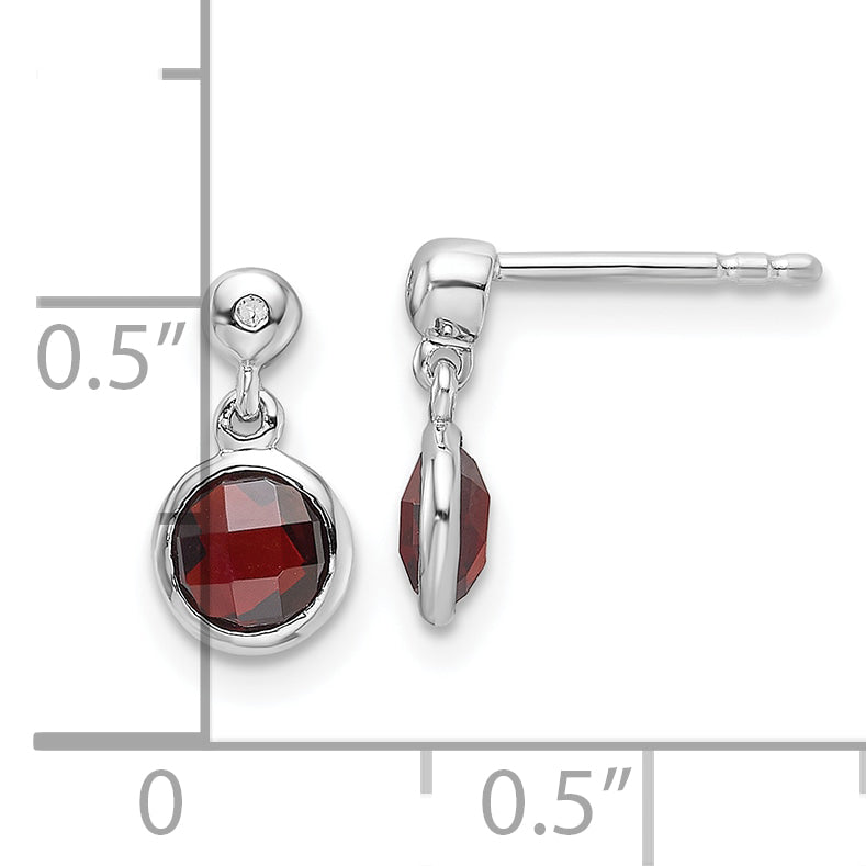 Sterling Silver RH Plated White Ice Diamond and Garnet Post Earrings