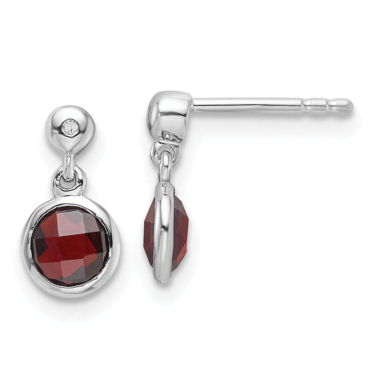 Sterling Silver RH Plated White Ice Diamond and Garnet Post Earrings