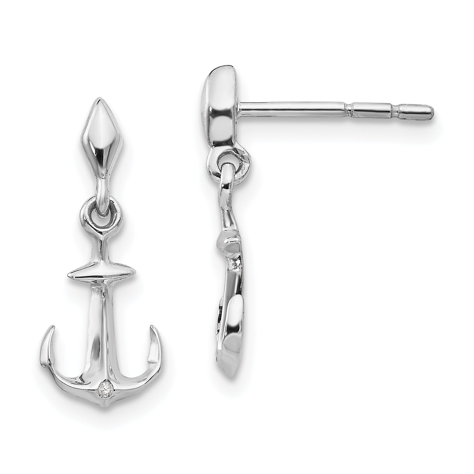 White Ice Sterling Silver Rhodium-plated Diamond Post Dangle Anchor Earrings